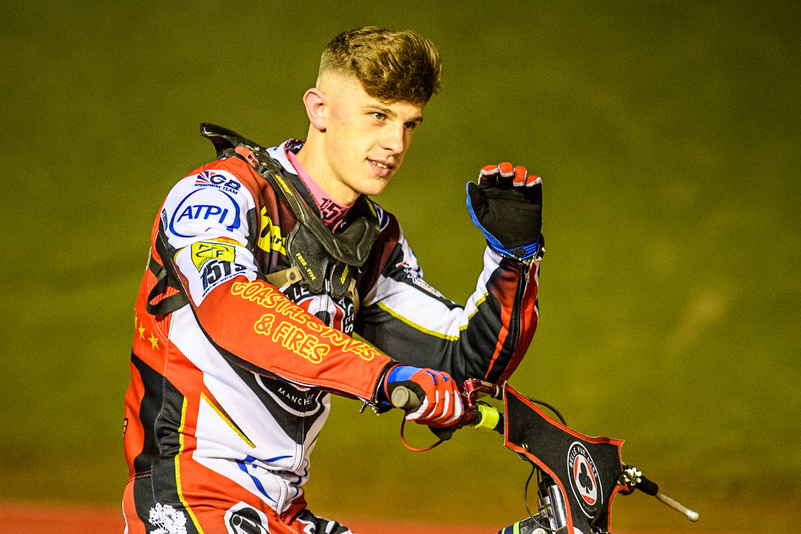 Belle Vue Aces' Jake Mulford  on the parade lap during the Rowe Motor Oil Premiership Grand Final 1st Leg between Belle Vue Aces and Leicester Lions at the National Speedway Stadium, Manchester on Monday 23rd September 2024. (Photo: Ian Charles | MI News)