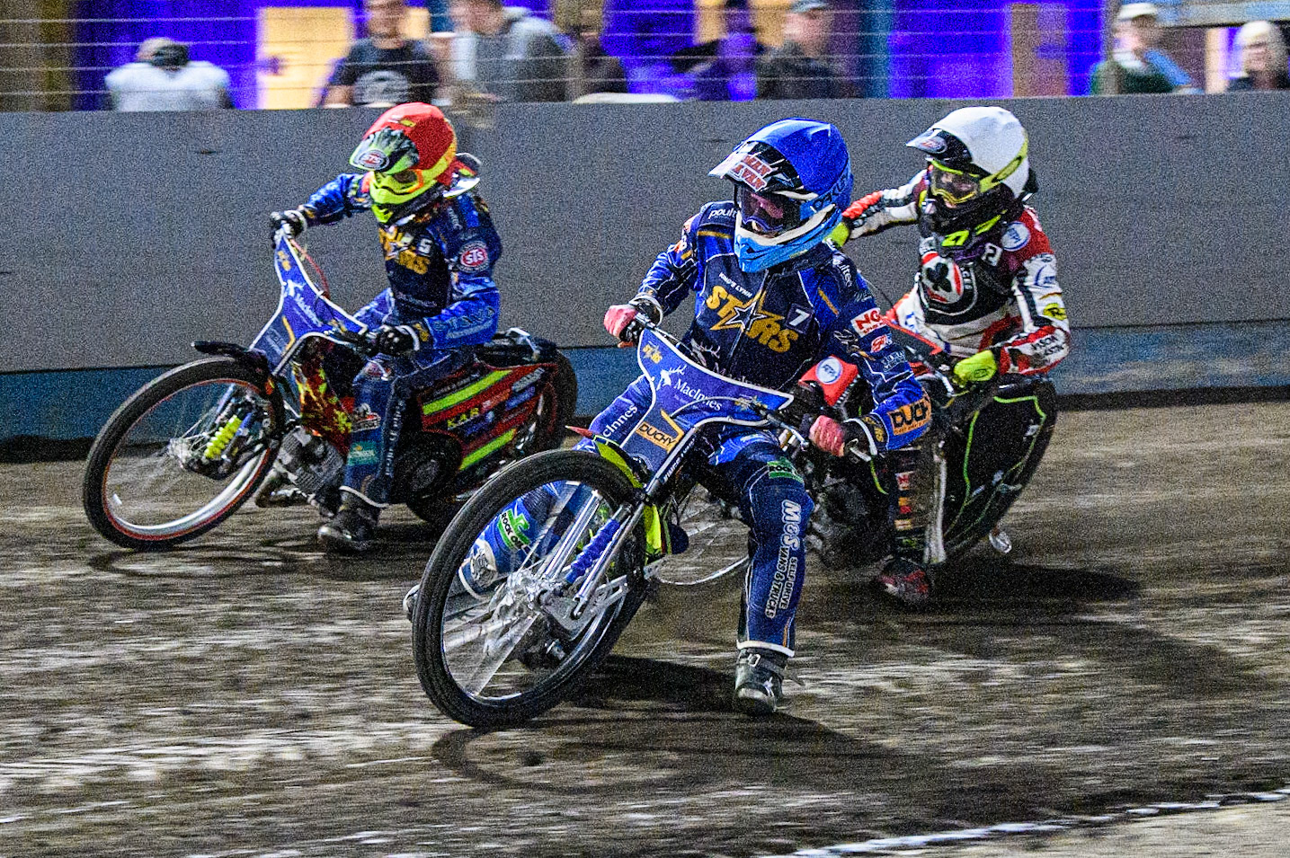 Anders Rowe  (Blue) and  Michael Palm Toft (Red) lead Tom Brennan (White) during the Sports Insure Premiership match between King's Lynn Stars and Belle Vue Aces at the Adrian Flux Arena, King's Lynn on Thursday 24th August 2023. (Photo: Ian Charles | MI News)