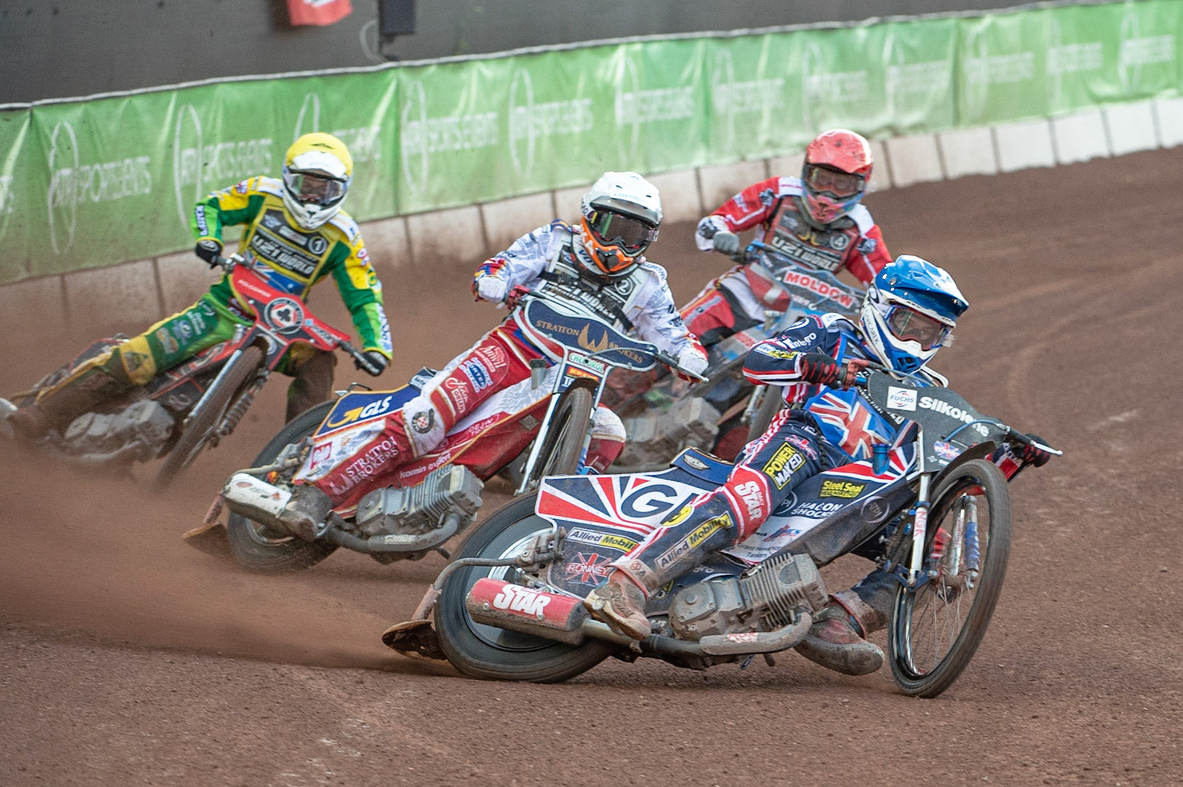 Photo: Ian Charles

Robert Lambert (Blue) leads Dominik Kubera  (White) Jaimon Lidsey (Yellow) and Jonas Jeppesen (Red) 

FIM Team Speedway U-21 World Championship, National Speedway Stadium, Manchester Friday 12 July  2019