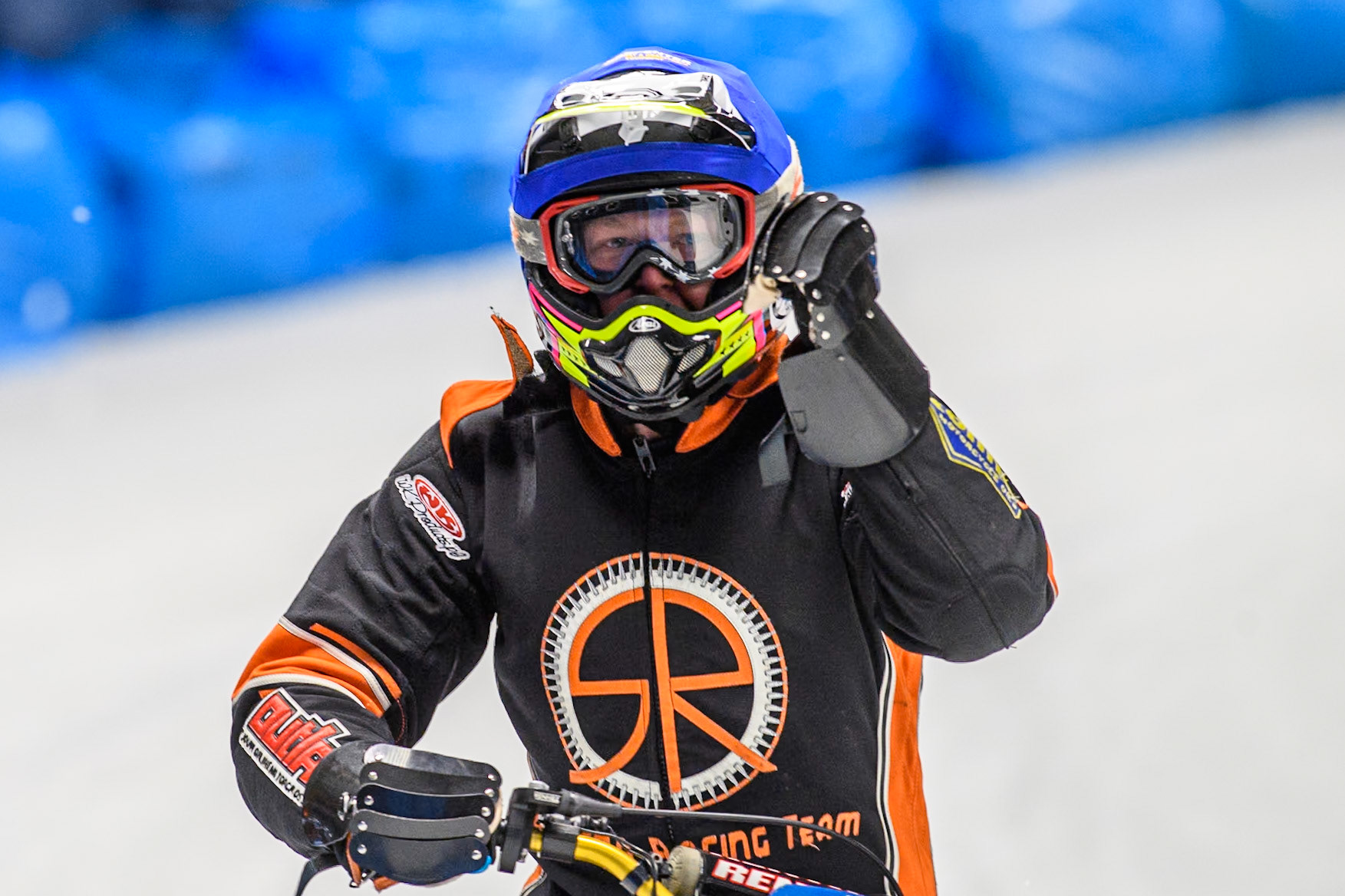 Sebastian Reitsma (125) of The Netherlands celebrates his win in Heat 6 during the Ice Speedway Gladiators World Championship Final 1 at Max-Aicher-Arena, Inzell on Saturday 15th March 2025. (Photo: Ian Charles | MI News)