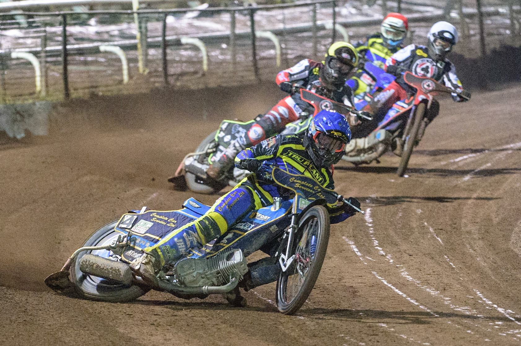 Kyle Howarth  (Blue) leads Tom Brennan   (Yellow) Brady Kurtz  (White) and Adam Ellis  (Red) during the SGB Premiership Grand Final 2nd Leg between Sheffield Tigers and Belle Vue Aces at Owlerton Stadium, Sheffield on Thursday 13th October 2022. (Credit: Ian Charles | MI News)