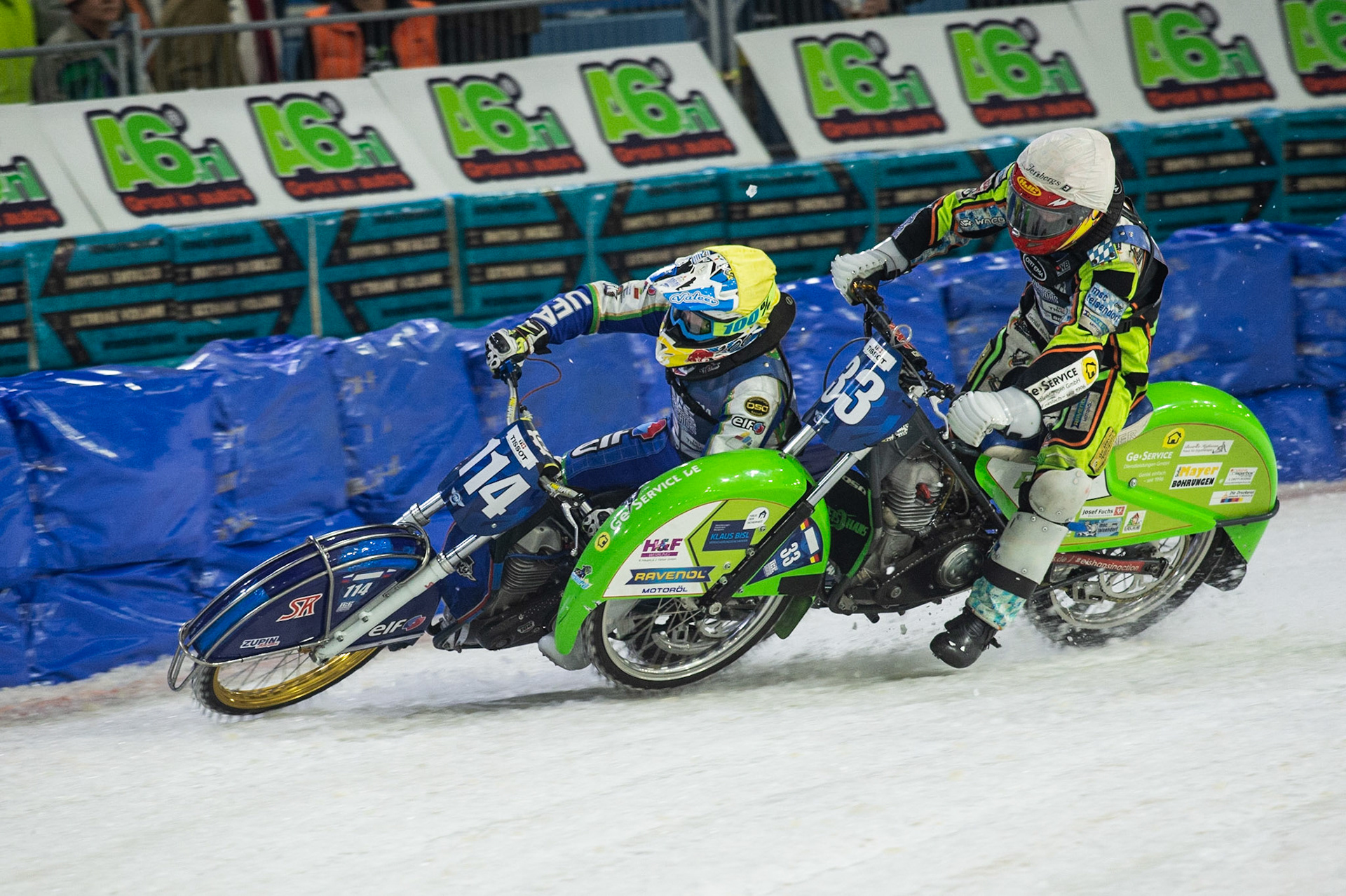 Photo: Ian Charles

Johann Weber (33) and Dinar Valeev (114) lock together and crash out 

FIM Ice Speedway Gladiators World Championship, Event 5.1, Ice Rink Thialf, Heerenveen, Netherlands Saturday  30  March  2019