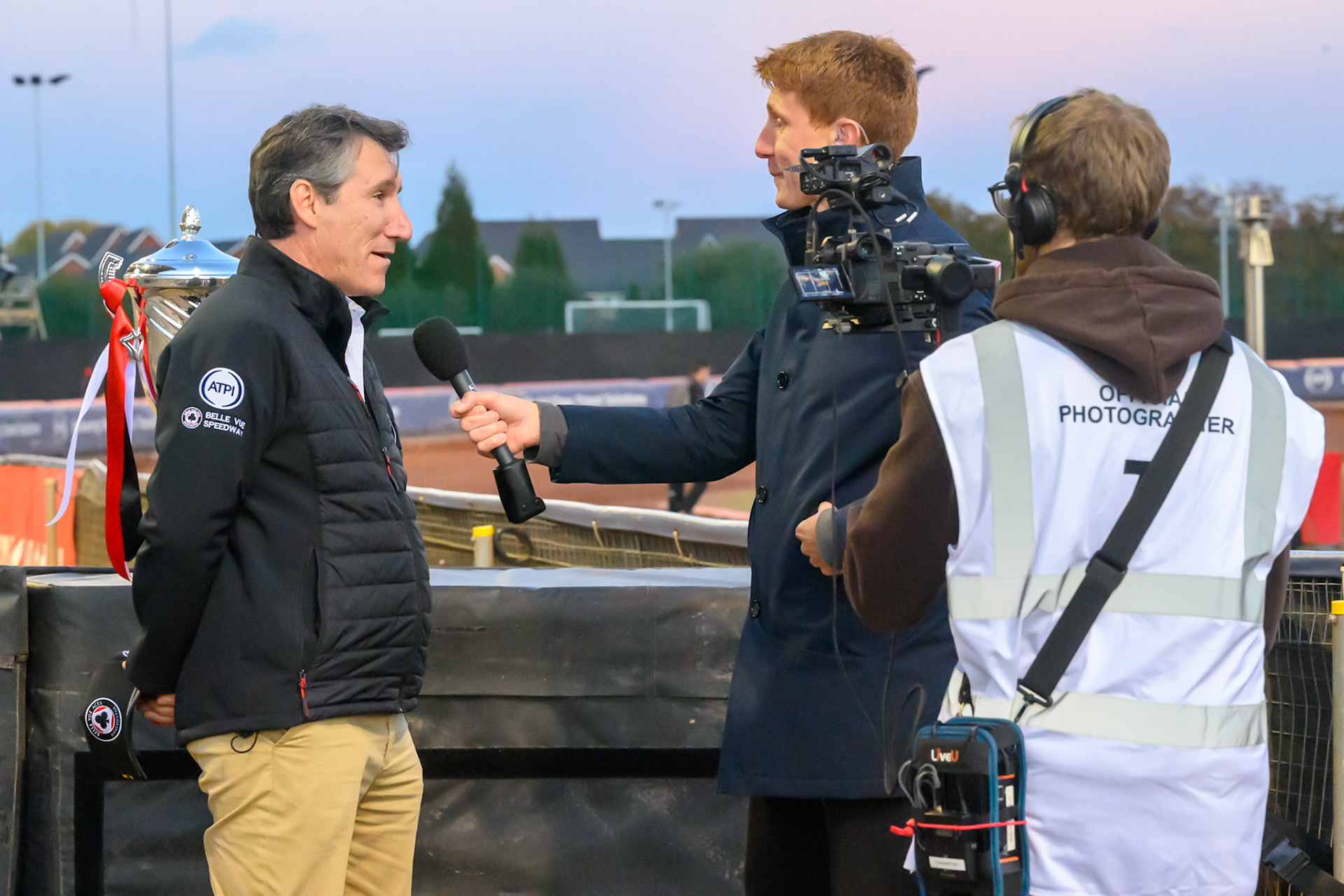 Mark Lemon, Team Manager of Belle Vue Aces (Left) is interviewed by David Chisnall from ITV Granada live on air during the Rowe Motor Oil Premiership Grand Final 2nd Leg between Belle Vue Aces and Sheffield Tigers at the National Speedway Stadium, Manchester on Friday 16th October 2026. (Photo: Ian Charles | MI News)