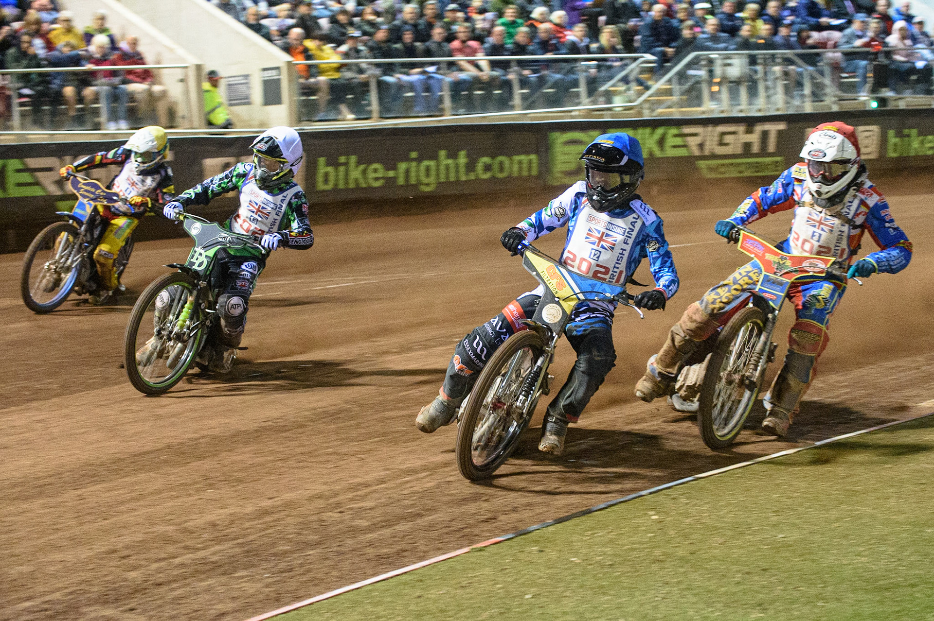 MANCHESTER, UK. AUGUST 16TH   Adam Ellis  (Blue) leads Simon Lambert  (Red) Charles Wright  (White) and Kyle Howarth  (Yellow) during the Sports Insure British Speedway Finals at the National Speedway Stadium, Manchester on Monday 16th August 2021. (Credit: Ian Charles | MI News)