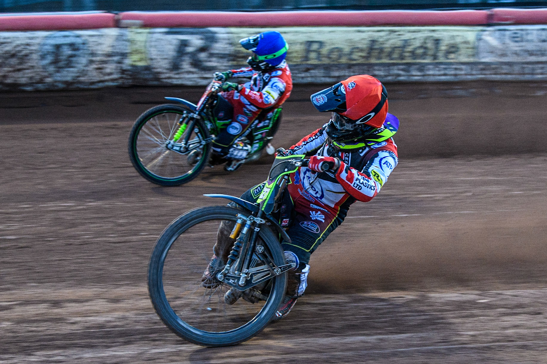 Tom Brennan  (Red) inside team mate Charles Wright  (Blue) during the SGB Premiership match between Belle Vue Aces and Peterborough at the National Speedway Stadium, Manchester on Monday 24th April 2023. (Photo: Ian Charles | MI News)