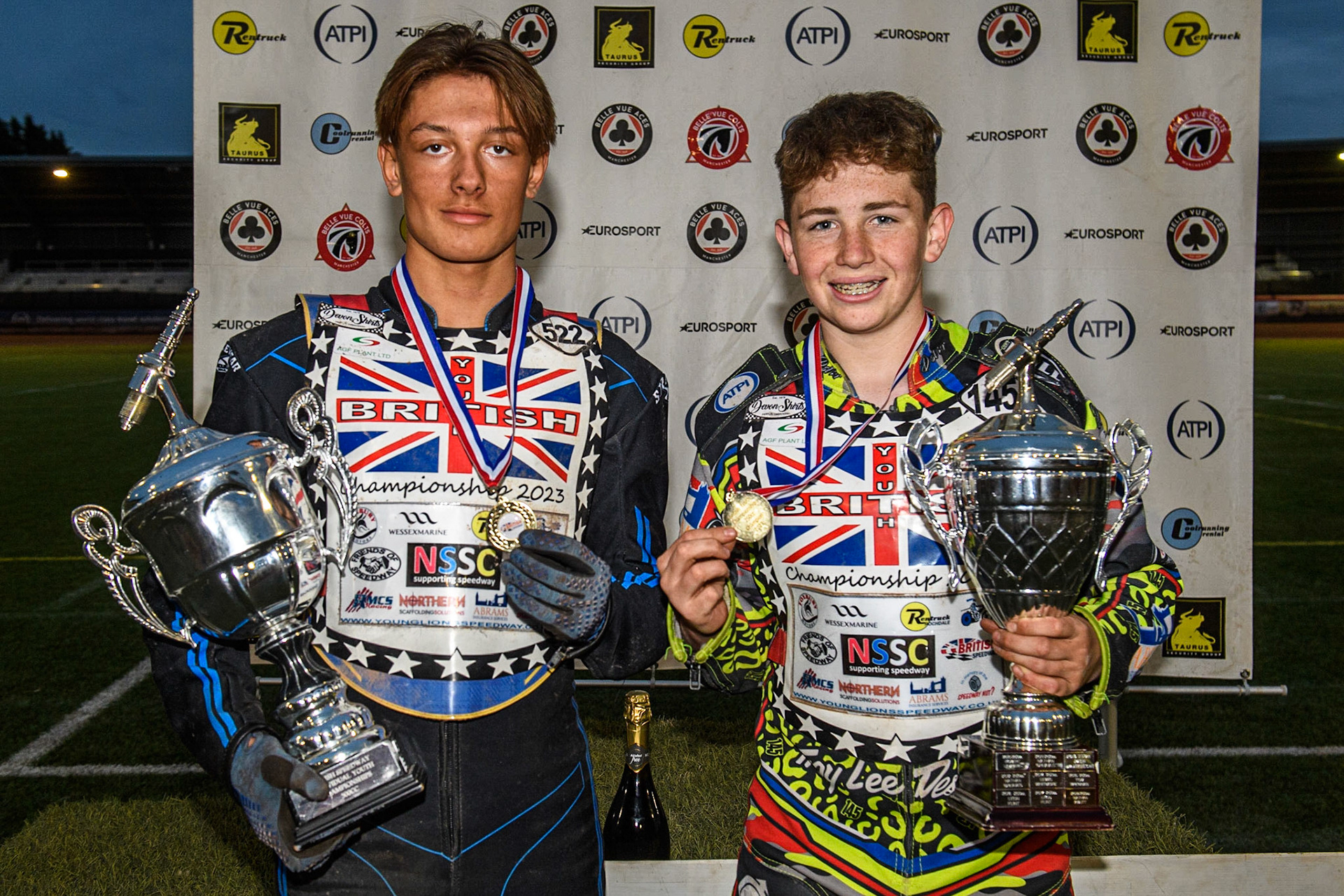 British Youth Champion 500cc CLASS winner Ashton Boughen (left) and British Youth Champion 250cc CLASS: winner William Cairns during the National Development League match between Belle Vue Colts and Edinburgh Monarchs Academy at the National Speedway Stadium, Manchester on Friday 21st July 2023. (Photo: Ian Charles | MI News)