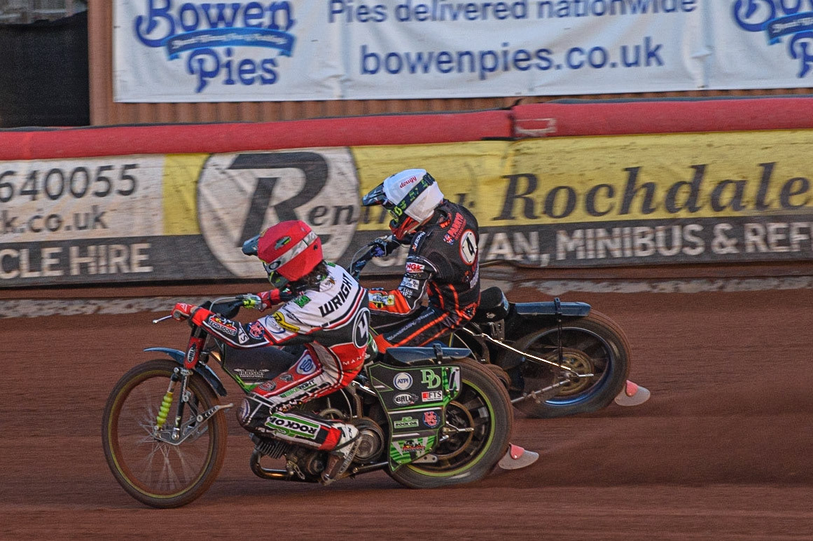 MANCHESTER, UK. JULY 15TH   Charles Wright  (Red) inside Ryan Douglas  (White) during the SGB Premiership match between Belle Vue Aces and Wolverhampton Wolves at the National Speedway Stadium, Manchester on Thursday 15th July 2021. (Credit: Ian Charles | MI News)