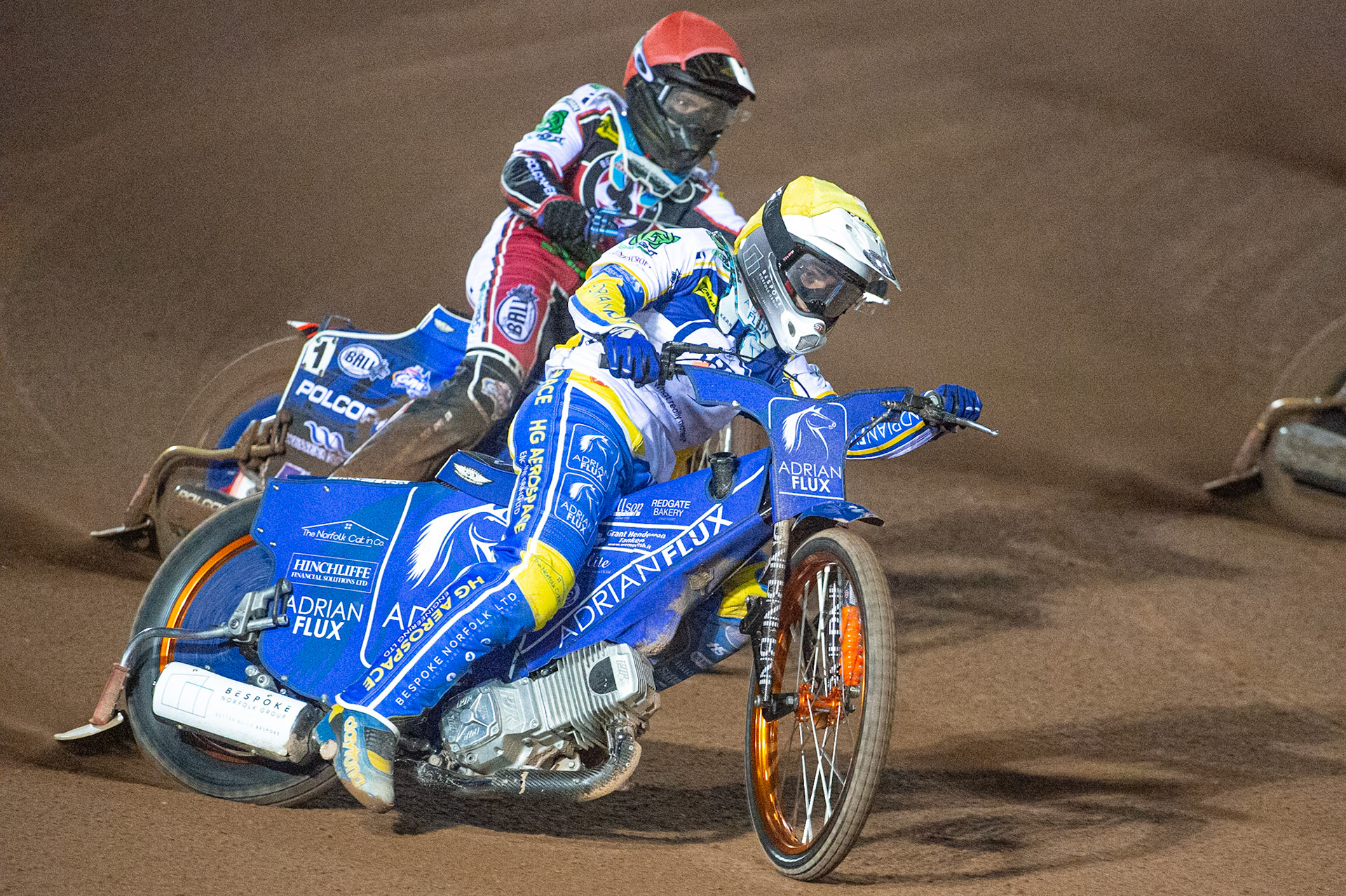 Photo: Ian CharlesLewis Kerr of the 'ATPI' All Stars (Yellow)leads Brady Kurtz of Belle Vue 'BikeRight' Aces (Red)Belle Vue ‘Bikerite ’Aces v ‘ATPI’ All Stars, Premiership Challenge, National Speedway Stadium, Manchester Thursday  24  September  2020