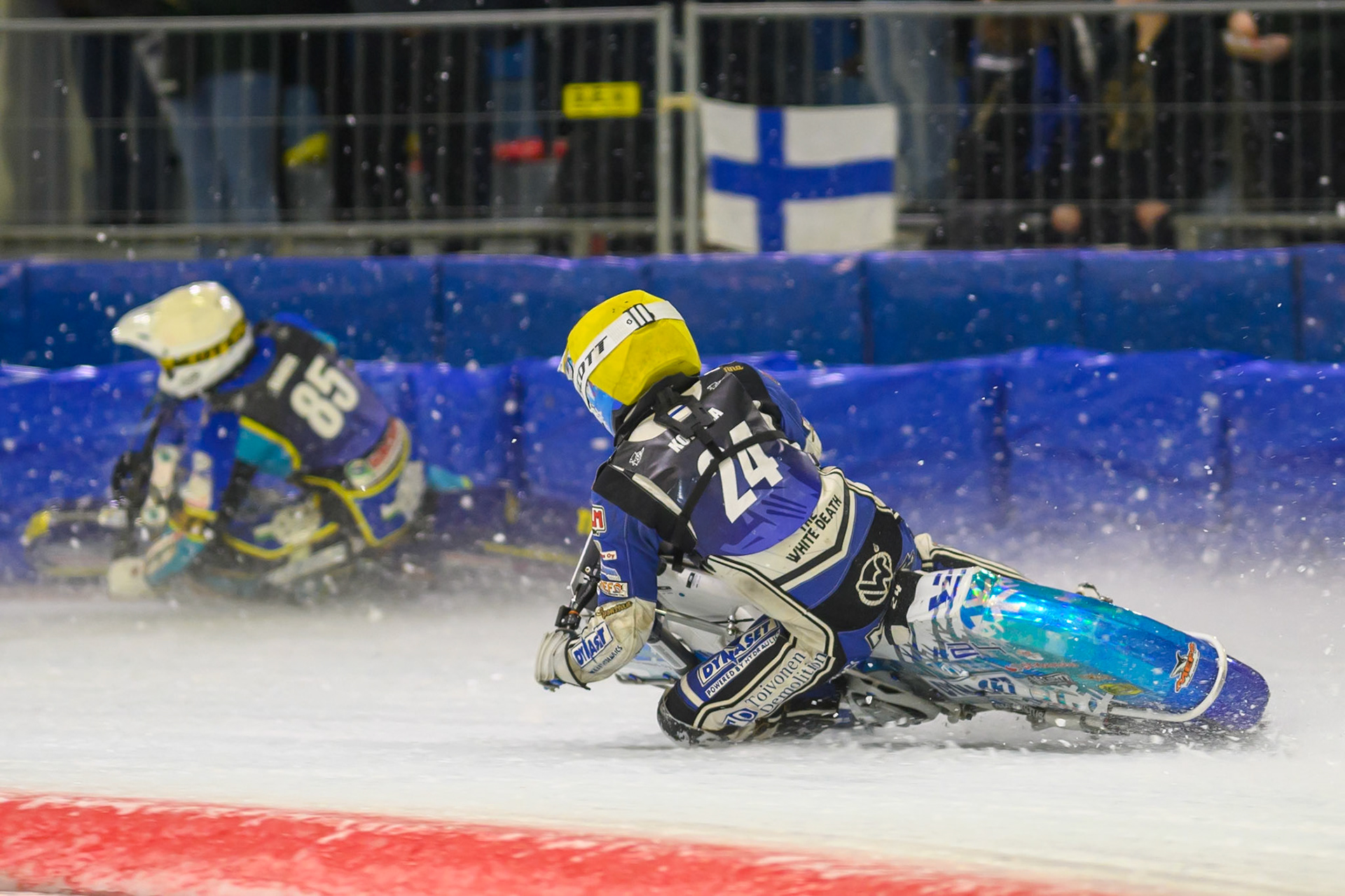 Max Koivula (24) of Finland  in Yellow chases Luca Bauer (85) of Italy/Germany  in White during the FIM Ice Speedway Gladiators World Championship Final 3 at Ice Rink Thialf, Heerenveen on Saturday 11th April 2026. (Photo: Ian Charles | MI News)