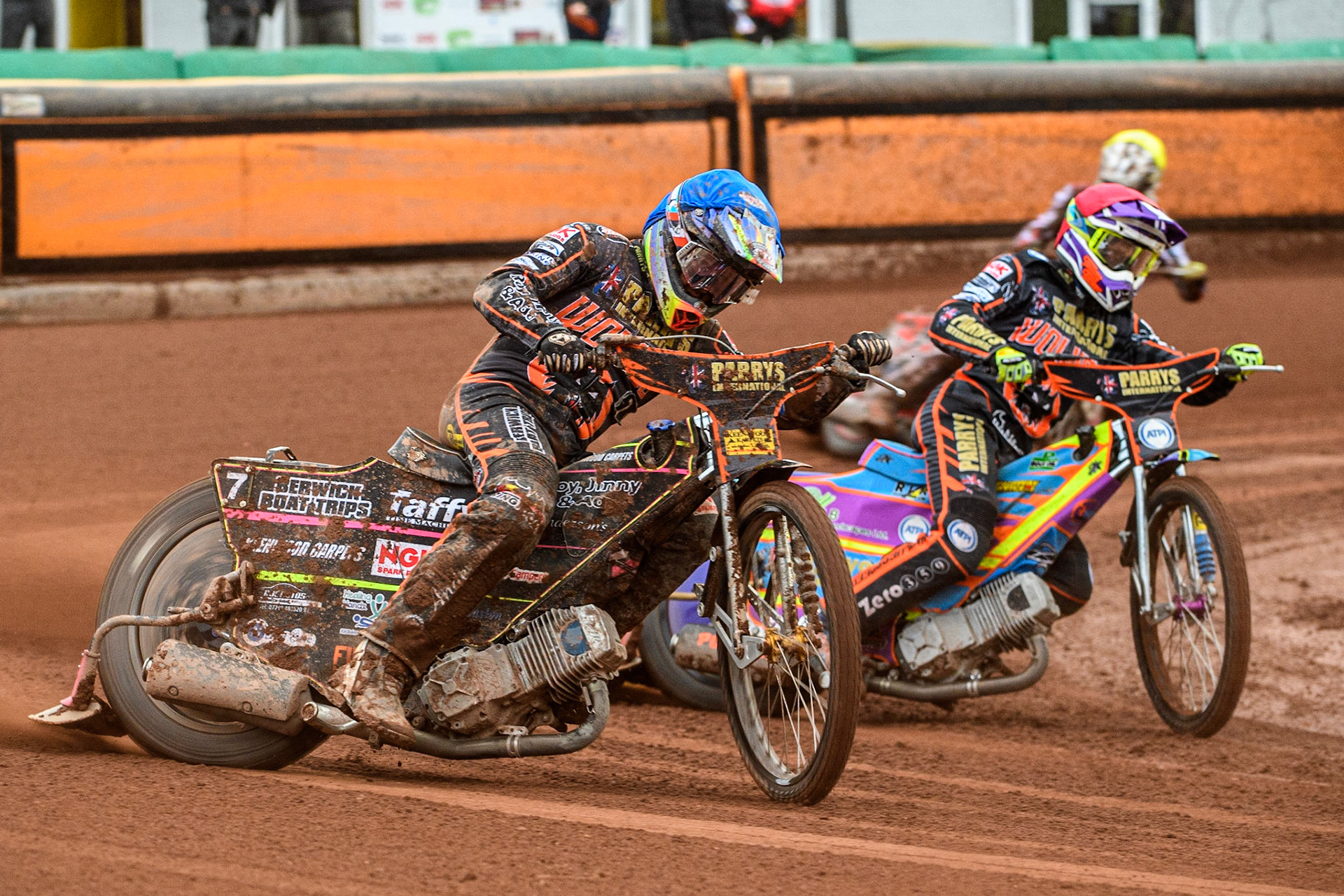 Leon Flint (Blue) outside team mate Rory Schlein (Red) during the Sports Insure Premiership match between Wolverhampton Wolves and Belle Vue Aces at Monmore Green Stadium, Wolverhampton on Monday 10th July 2023. (Photo: Ian Charles | MI News)