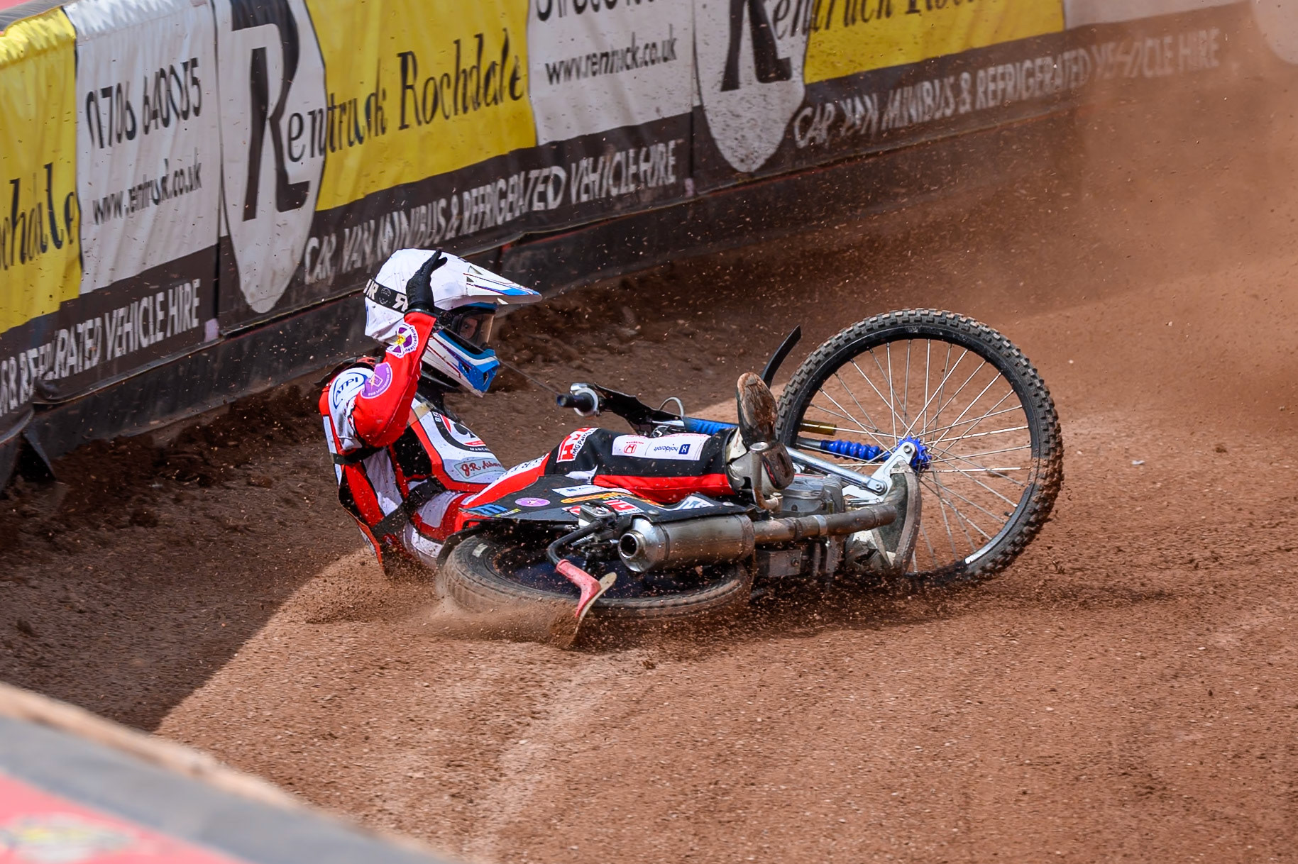 COLTS ACADEMY INDIVIDUAL EVENT Billy Budd falls during the JR Ashworth &amp; Sons CEvent &amp; British Youth Championship (125cc) at the National Speedway Stadium, Manchester on Sunday 19th July 2026. (Photo: Ian Charles | MI News)