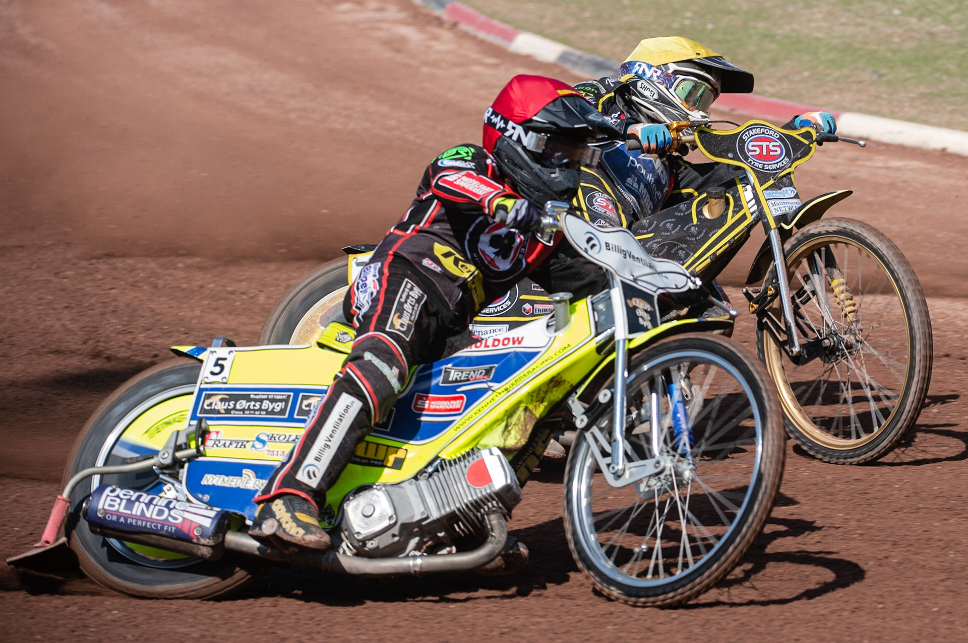 Photo: Ian Charles

Kenneth Bjerre  (Red) outside Tero Aarnio  (Yellow)

Belle Vue Aces v Kings Lynn Stars, British Speedway Premiership, Belle Vue National Speedway Stadium, Manchester, Monday 26  August  2019