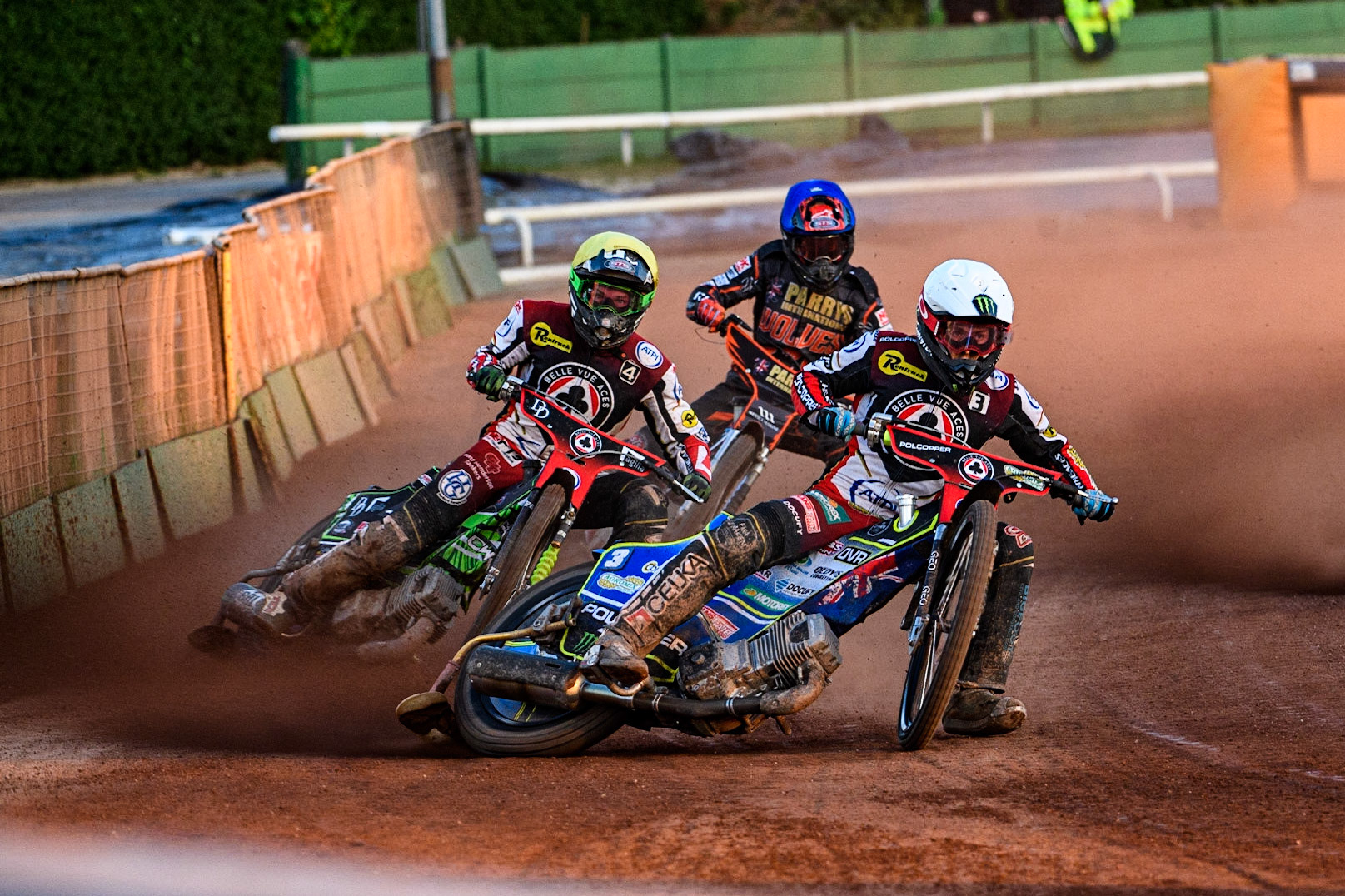 Jaimon Lidsey (White) leads team mate Charles Wright (Yellow) with Zach Cook (Blue) behind during the Sports Insure Premiership match between Wolverhampton Wolves and Belle Vue Aces at Monmore Green Stadium, Wolverhampton on Monday 29th May 2023. (Photo: Ian Charles | MI News)