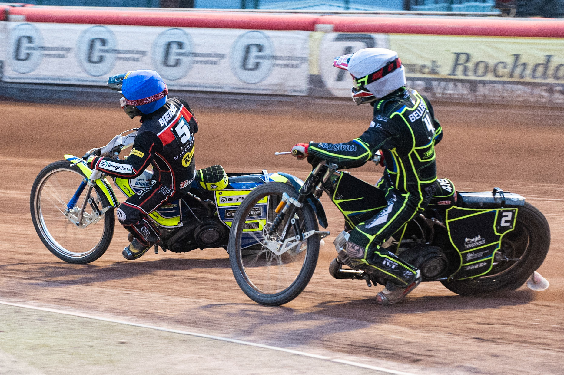 Photo: Ian Charles

Kenneth Bjerre  (Blue) leads David Bellego  (White)

Belle Vue Aces v Ipswich Witches, British Speedway Premiership, Belle Vue National Speedway Stadium, Manchester, Monday 3  June  2019