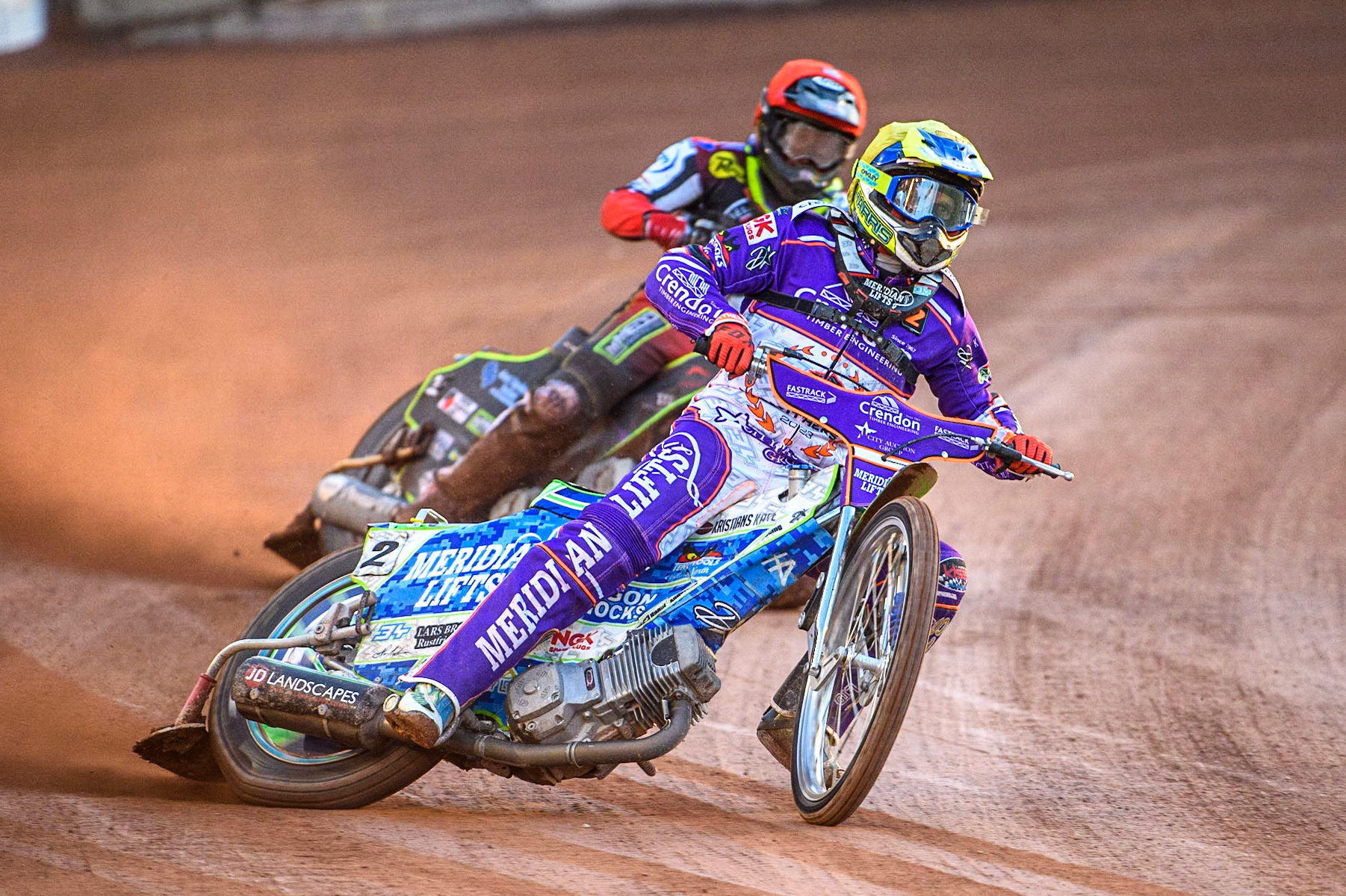 Hans Andersen  (Yellow) leads Tom Brennan  (Red) during the SGB Premiership match between Belle Vue Aces and Peterborough at the National Speedway Stadium, Manchester on Monday 24th April 2023. (Photo: Ian Charles | MI News)