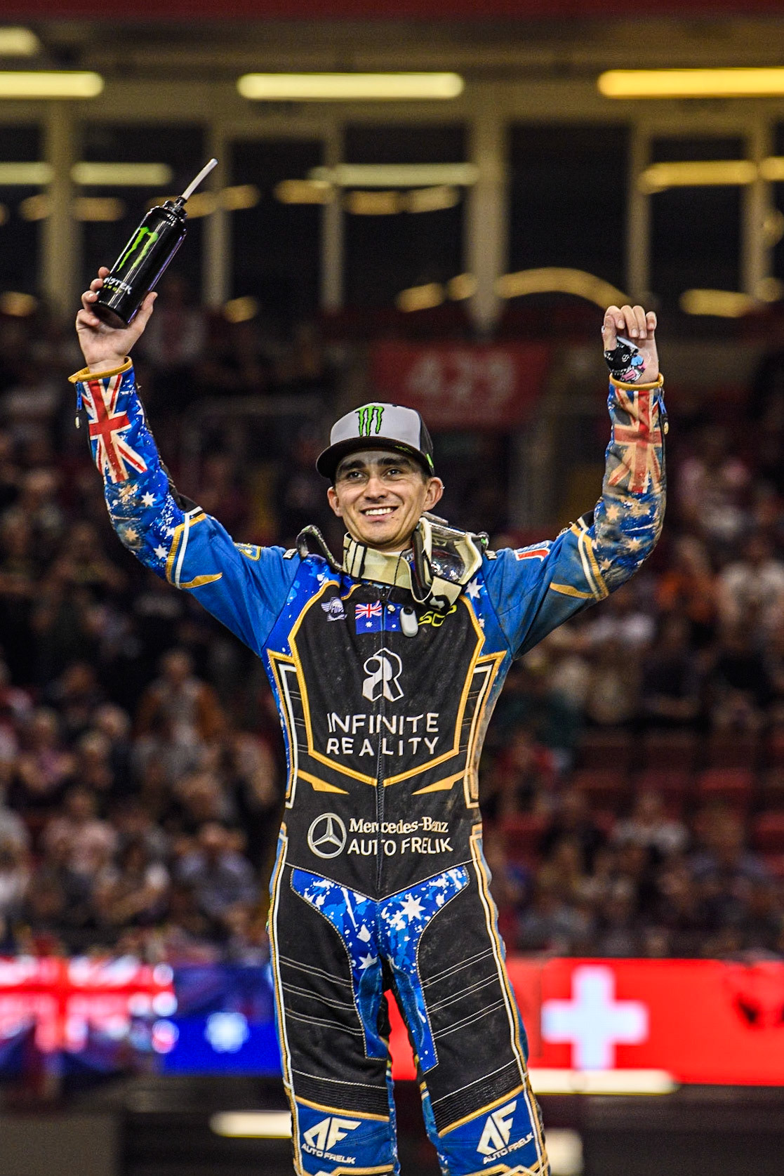 Jack Holder (25) celebrates his second place, after riding with his left wrist strapped up following his crash in the last GP during the FIM Speedway Grand Prix of Great Britain at the Principality Stadium, Cardiff on Saturday 2nd September 2023. (Photo: Ian Charles | MI News)