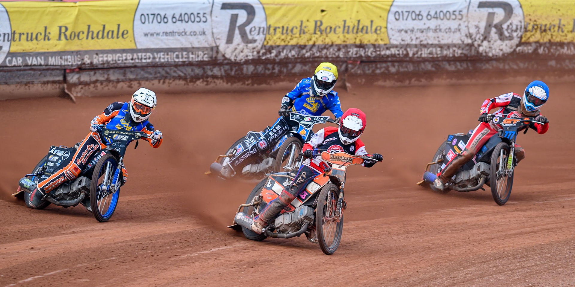 Belle Vue Colts' Harry Fletcher in Red leading Monarchs' Mark Parker in White, Monarchs' Lee Harrison  in Yellow and Belle Vue Colts' Billy Budd. in Blue during the WSRA National Development League match between Belle Vue Aces and Edinburgh Academy at the National Speedway Stadium, Manchester on Sunday 12th October 2025. (Photo: Ian Charles | MI News)