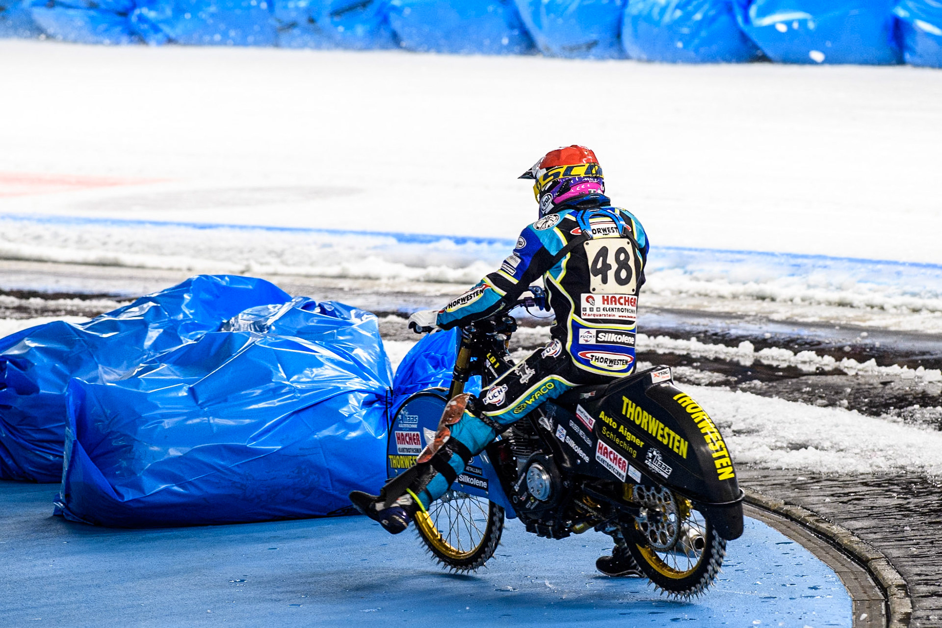 Luca Bauer (48) of Germany spins and leaves the track during the Ice Speedway Gladiators World Championship Final 1 at Max-Aicher-Arena, Inzell on Saturday 15th March 2025. (Photo: Ian Charles | MI News)