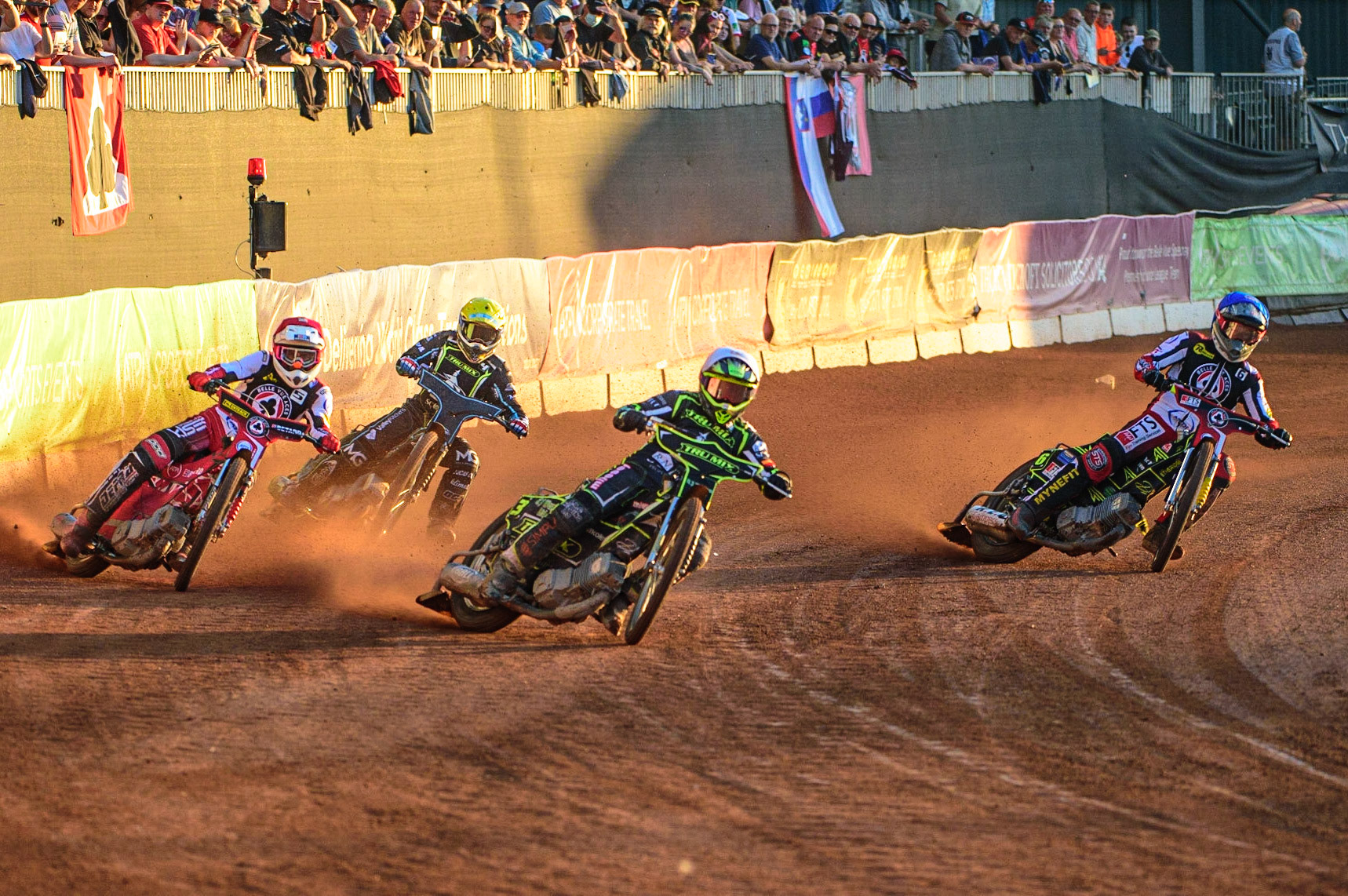 Danny King  (White) leads Max Fricke  (Red), Jye Etheridge  (Blue) and Rohan Tungate  (Yellow) during the SGB Premiership match between Belle Vue Aces and Ipswich Witches at the National Speedway Stadium, Manchester on Monday 8th August 2022. (Credit: Ian Charles | MI News)