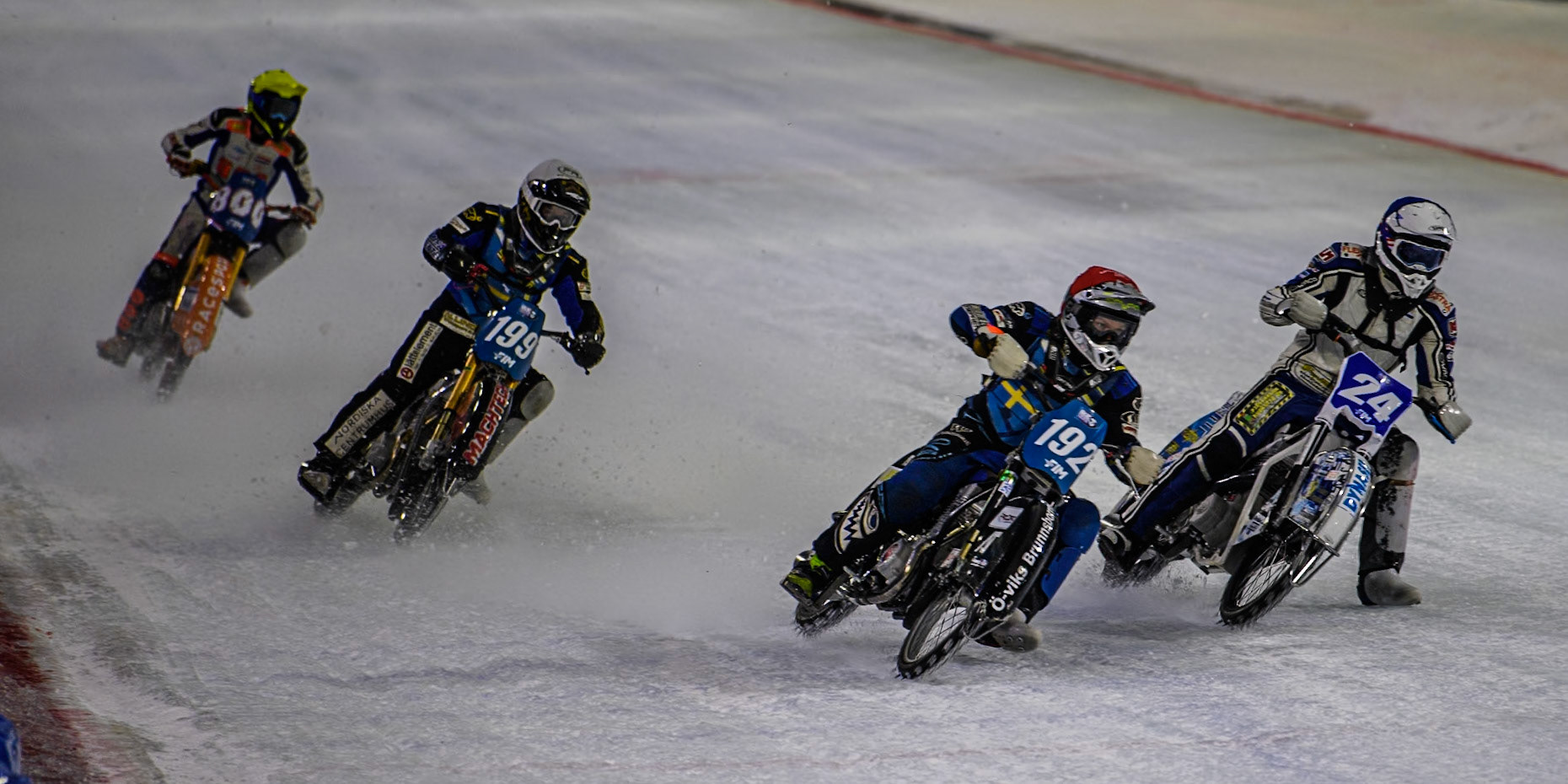 Niclas Svensson (192) of Sweden in Red leading Max Koivula (24) of Finland in Blue Martin Haarahiltunen (199) of Sweden in White and Jasper Iwema (800) of The Netherlands in Yellow in the Grand Final during the FIM Ice Speedway Gladiators World Championship, Final 4 at the Ice Stadium, Thialf, Heerenveen on Sunday 6th April 2025. (Photo: Ian Charles | MI News)