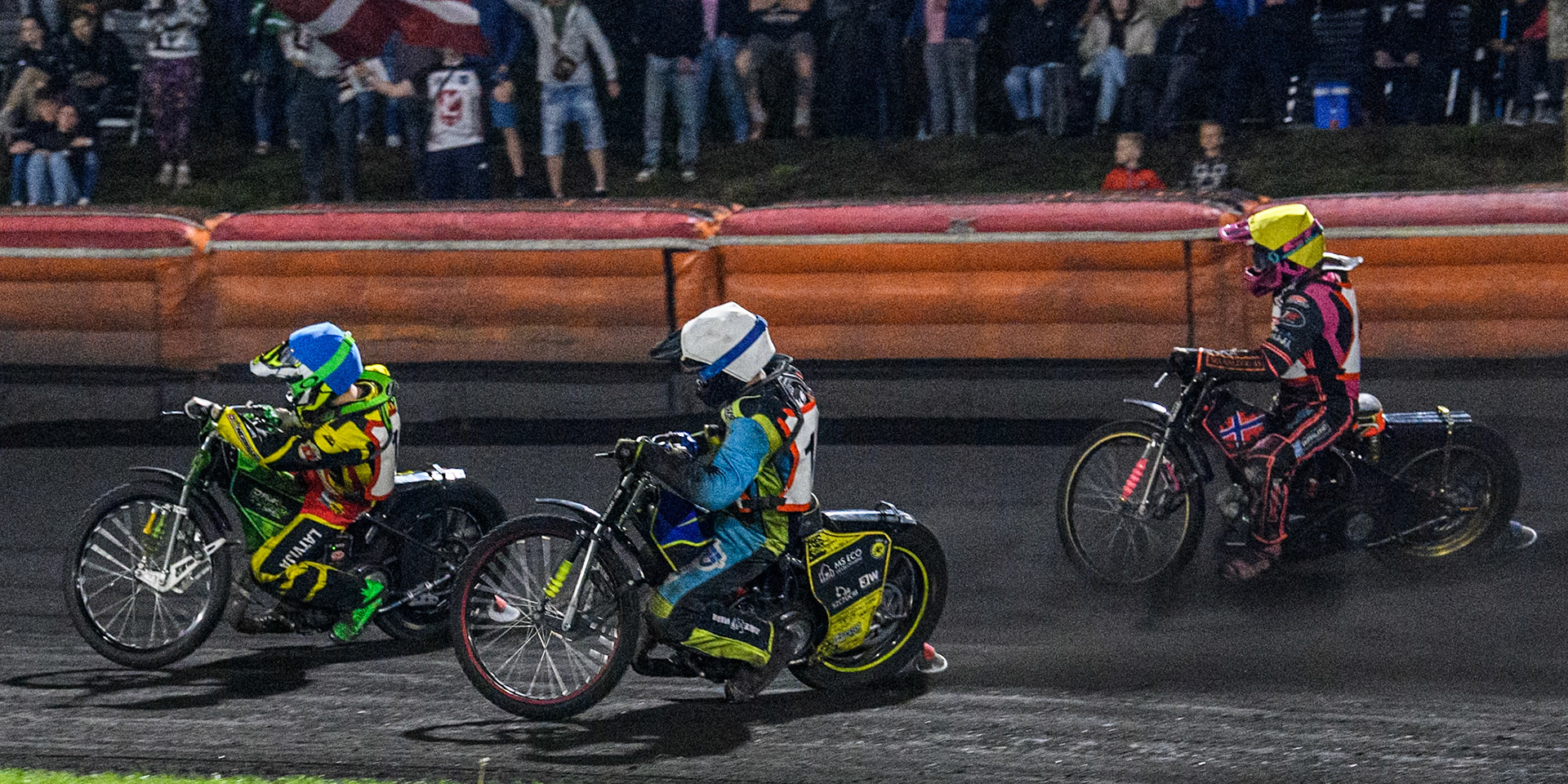 Damirs Filimonov of Latvia in Blue leading Glenn Moi of Norway in Yellow and Jakub Oleksiak of Poland in White during the Golden JOPA Helmet at Sportpark Veenoord, Veenoord, Netherlands on Saturday 21st September 2024. (Photo: Ian Charles | MI News)