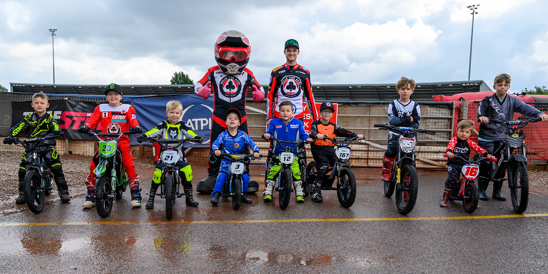The Revi Mini Speedway Grand Prix Riders with Belle Vue Mascot Chase The Aces (Left)  and Brady Kurtz of Belle Vue Aces during the Rowe Motor Oil Premiership match between Belle Vue Aces and Sheffield Tigers at the National Speedway Stadium, Manchester on Monday 31st August 2026. (Photo: Ian Charles | MI News)