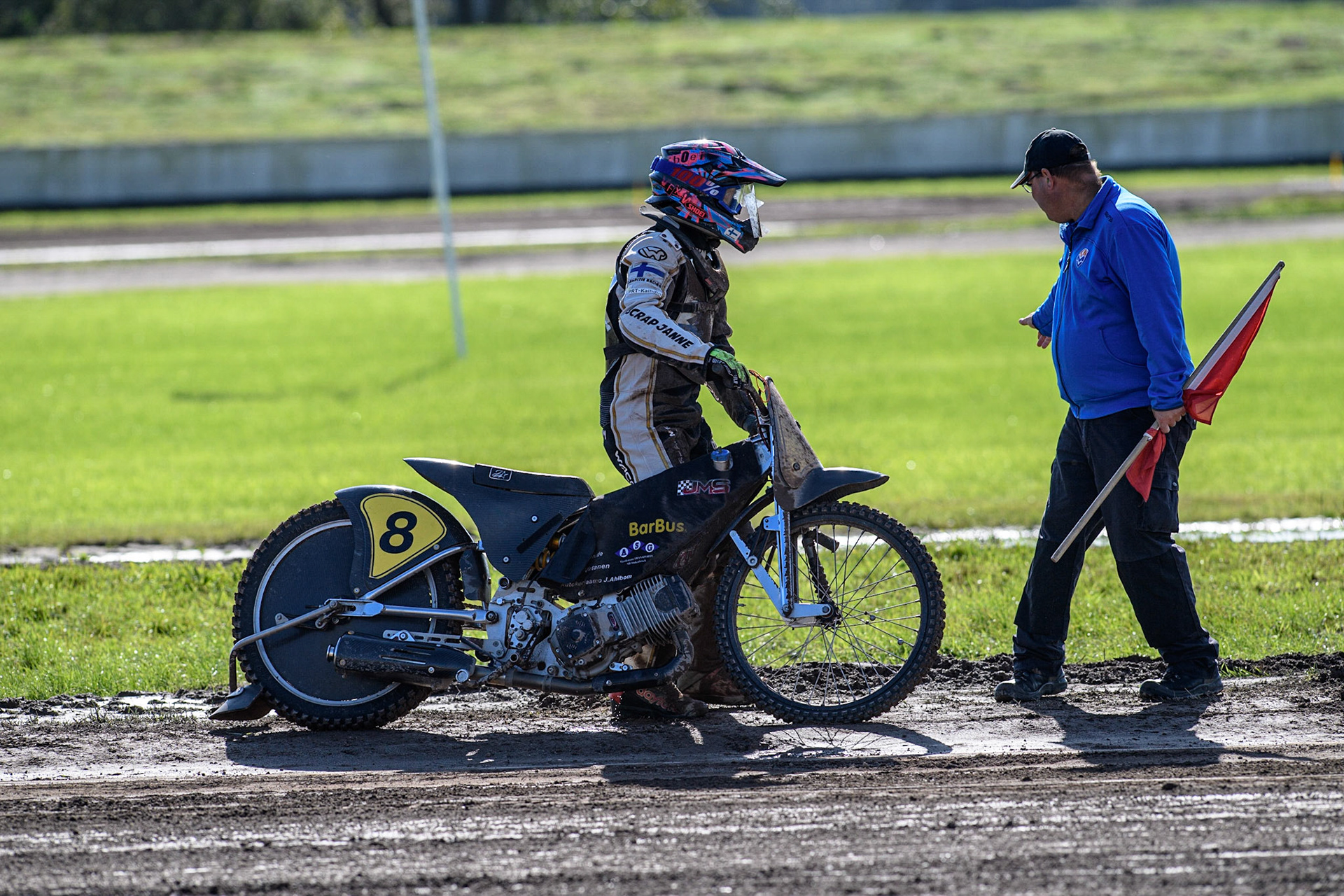 Henri Ahlbom breaks down during practice during the FIM Long Track Of Nations event at the Speed Centre Roden on Sunday 24th September 2023. (Photo: Ian Charles | MI News)
