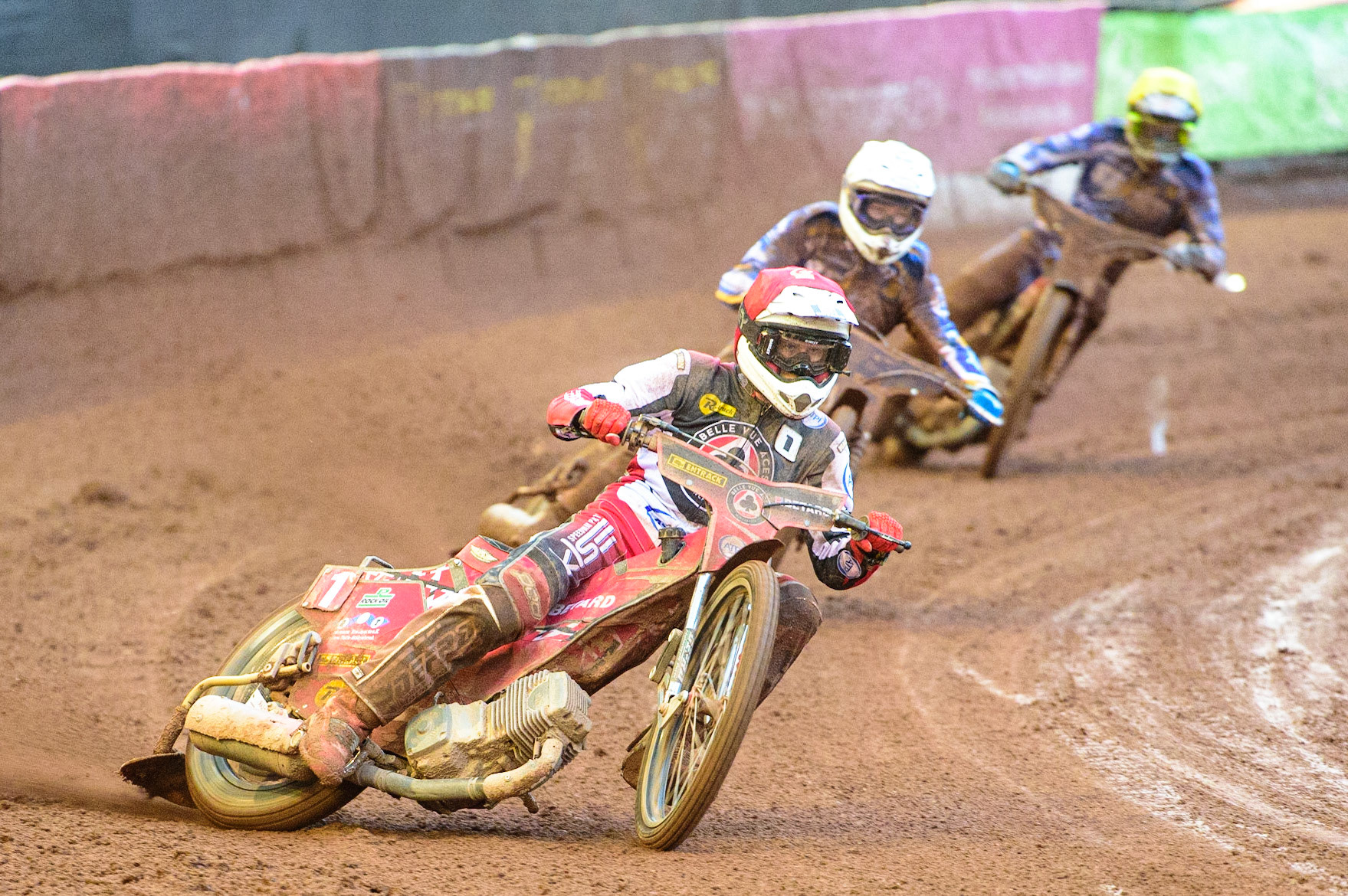 MANCHESTER, UK. MAY 16TH  Max Fricke  (Red) leads Josh Pickering  (White) and Richie Worrall   (Yellow) during the SGB Premiership match between Belle Vue Aces and King's Lynn Stars at the National Speedway Stadium, Manchester on Monday 16th May 2022. (Credit: Ian Charles | MI News)