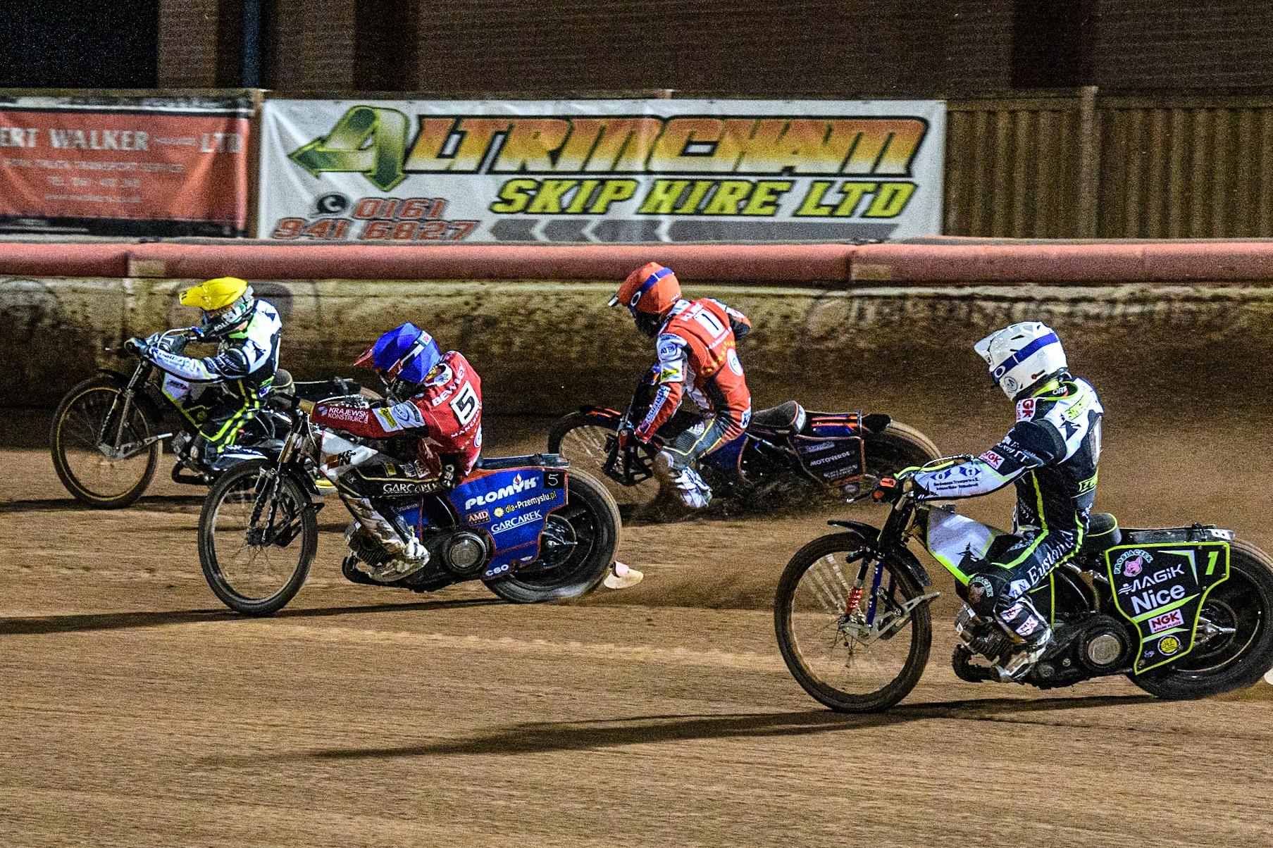 Emil Sayfutdinov  (White) chases Dan Bewley (Blue) Brady Kurtz (Red) and Jason Doyle (Yellow) during the Sports Insure Premiership Semi Final Playoff 2nd leg match between Belle Vue Aces and Ipswich Witches at the National Speedway Stadium, Manchester on Monday 25th September 2023. (Photo: Ian Charles | MI News)