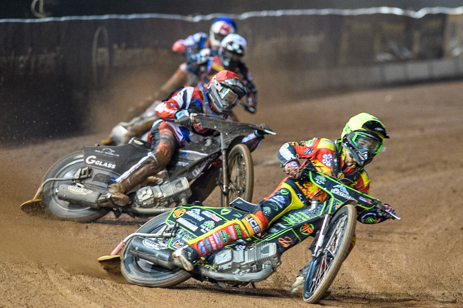Max Perry (Yellow) leads Sam McGurk (Red) Ben Morley (White) and Freddy Hodder (Blue) during the National Development League match between Belle Vue Colts and Leicester Lion Cubs at the National Speedway Stadium, Manchester on Friday 8th September 2023. (Photo: Ian Charles | MI News)