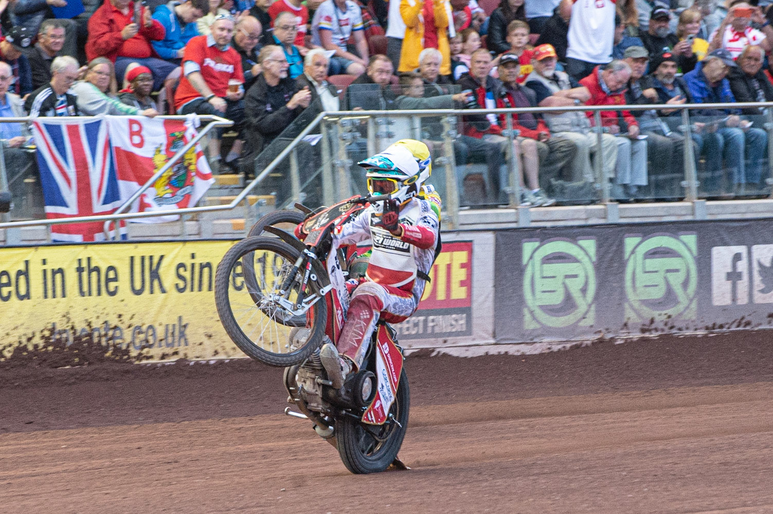 Photo: Ian Charles

Wiktor Lampart (White) and Jaimon Lidsey  (hidden) pull wheelies

FIM Team Speedway U-21 World Championship, National Speedway Stadium, Manchester Friday 12 July  2019