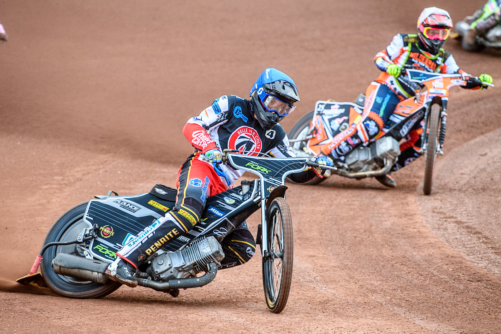 Matt Marson (Blue) leads Ben Trigger (White) during the National Development League match between Belle Vue Colts and Mildenhall Fens Tigers at the National Speedway Stadium, Manchester on Friday 26th May 2023. (Photo: Ian Charles | MI News)