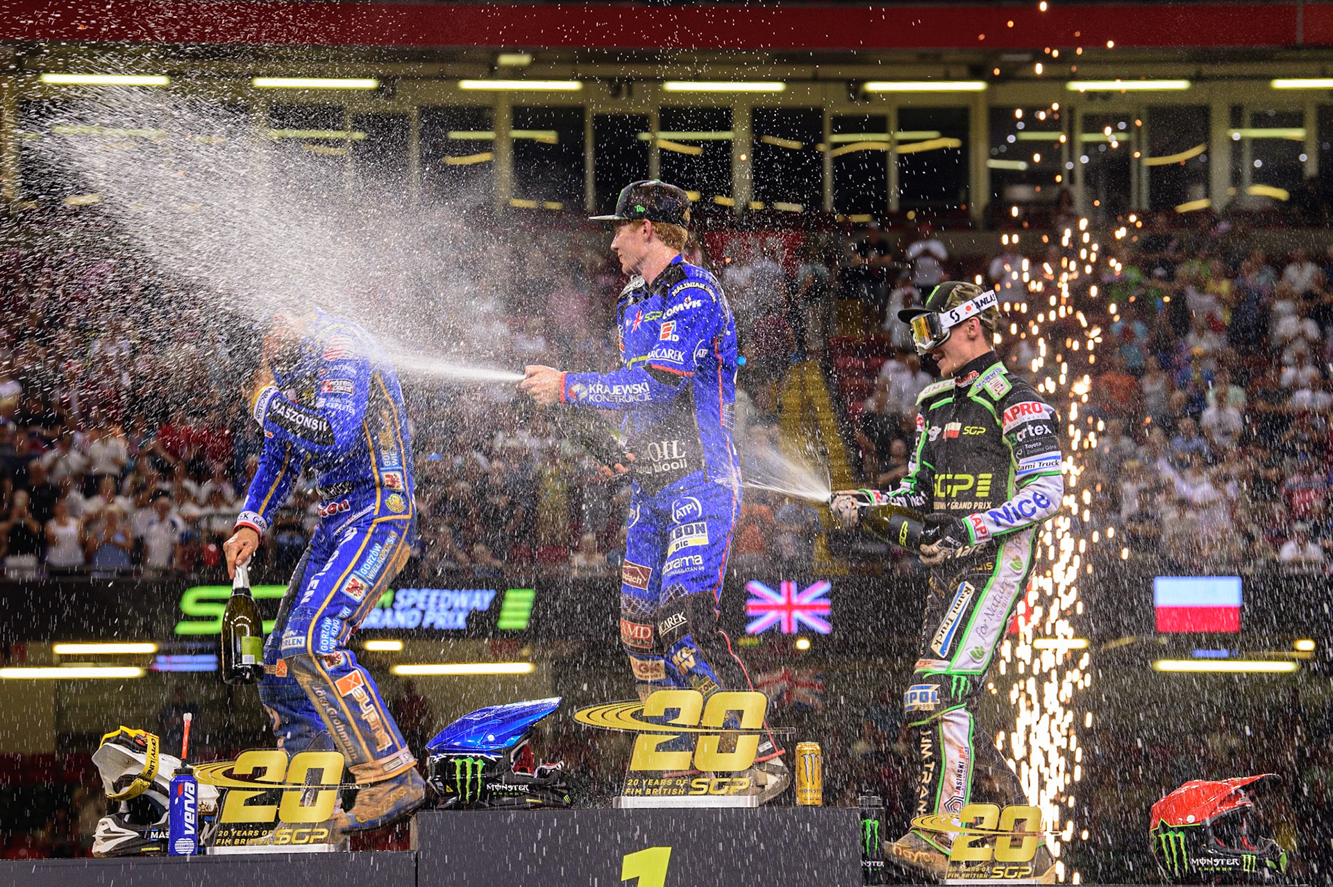 Champagne Capers on the Rostrum during the FIM  Speedway Grand Prix of Great Britain at the Principality Stadium, Cardiff on Saturday 13th August 2022. (Credit: Ian Charles | MI News