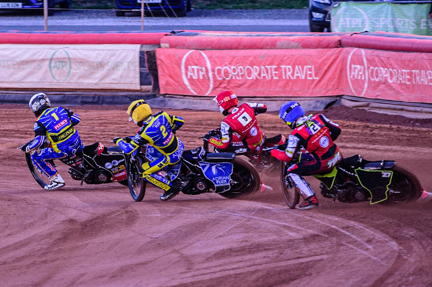 Nikolai Klindt  (White) leads Lewis Kerr  (Yellow), Max Fricke  (Red) and Tom Brennan  (Blue) during the SGB Premiership match between Belle Vue Aces and Sheffield Tigers at the National Speedway Stadium, Manchester on Monday 5th September 2022. (Credit: Ian Charles | MI News)