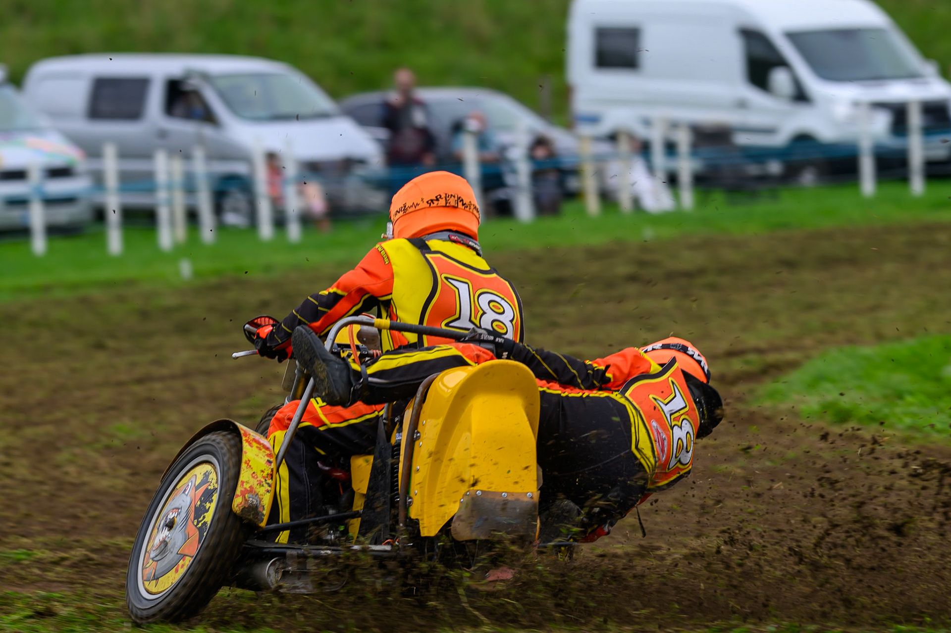 Mick Stace/Terry Madley (18) during practice for  the British Masters Grasstrack Championship at Lower Marsh Farm, Much Hoole, Preston in Lancashire, England on Sunday 13th September 2026. (Photo: Ian Charles | MI News)
