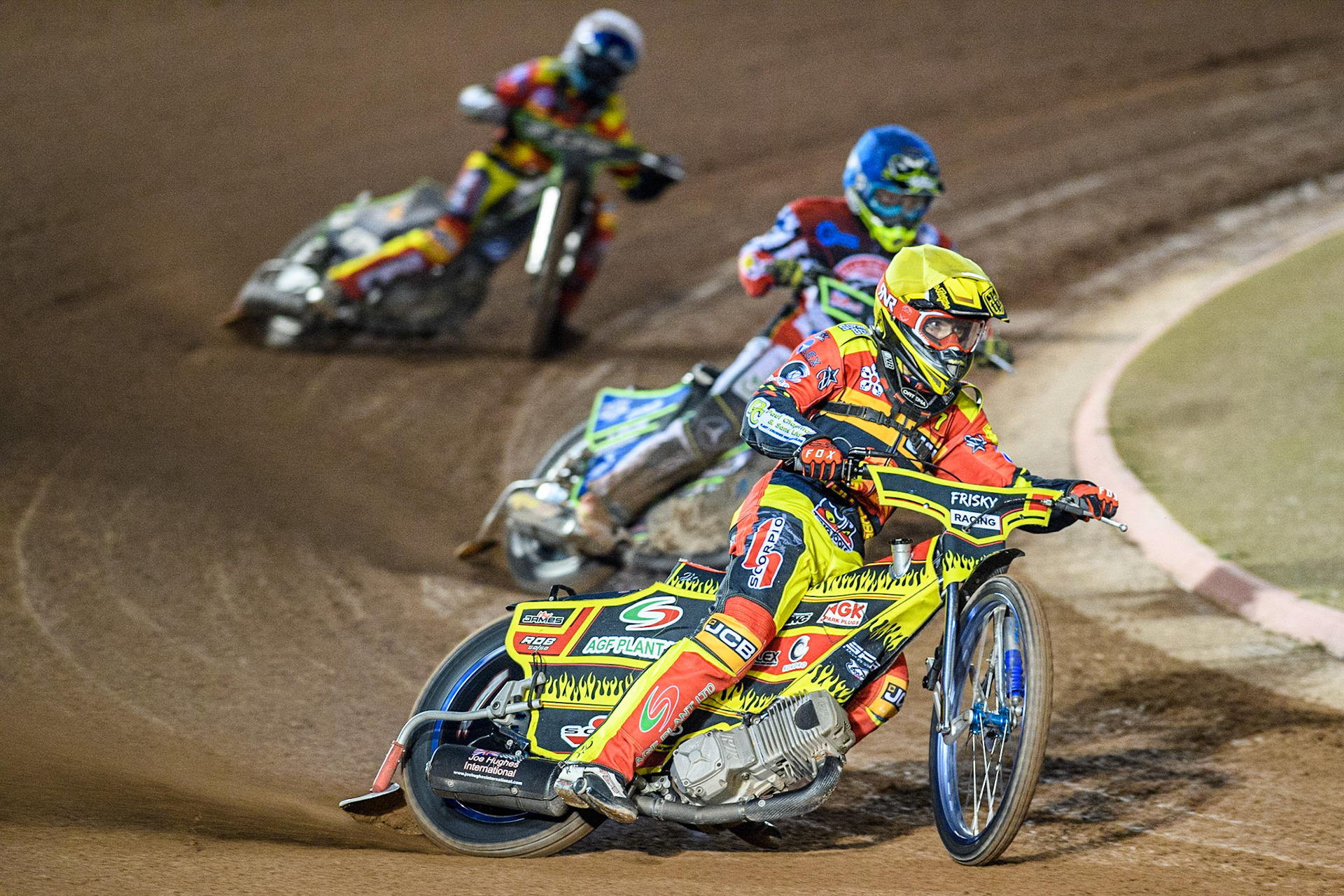 Max James (Yellow) leads  Luke Muff (Blue) and Vinnie Foord (White) during the National Development League match between Belle Vue Colts and Leicester Lion Cubs at the National Speedway Stadium, Manchester on Friday 8th September 2023. (Photo: Ian Charles | MI News)