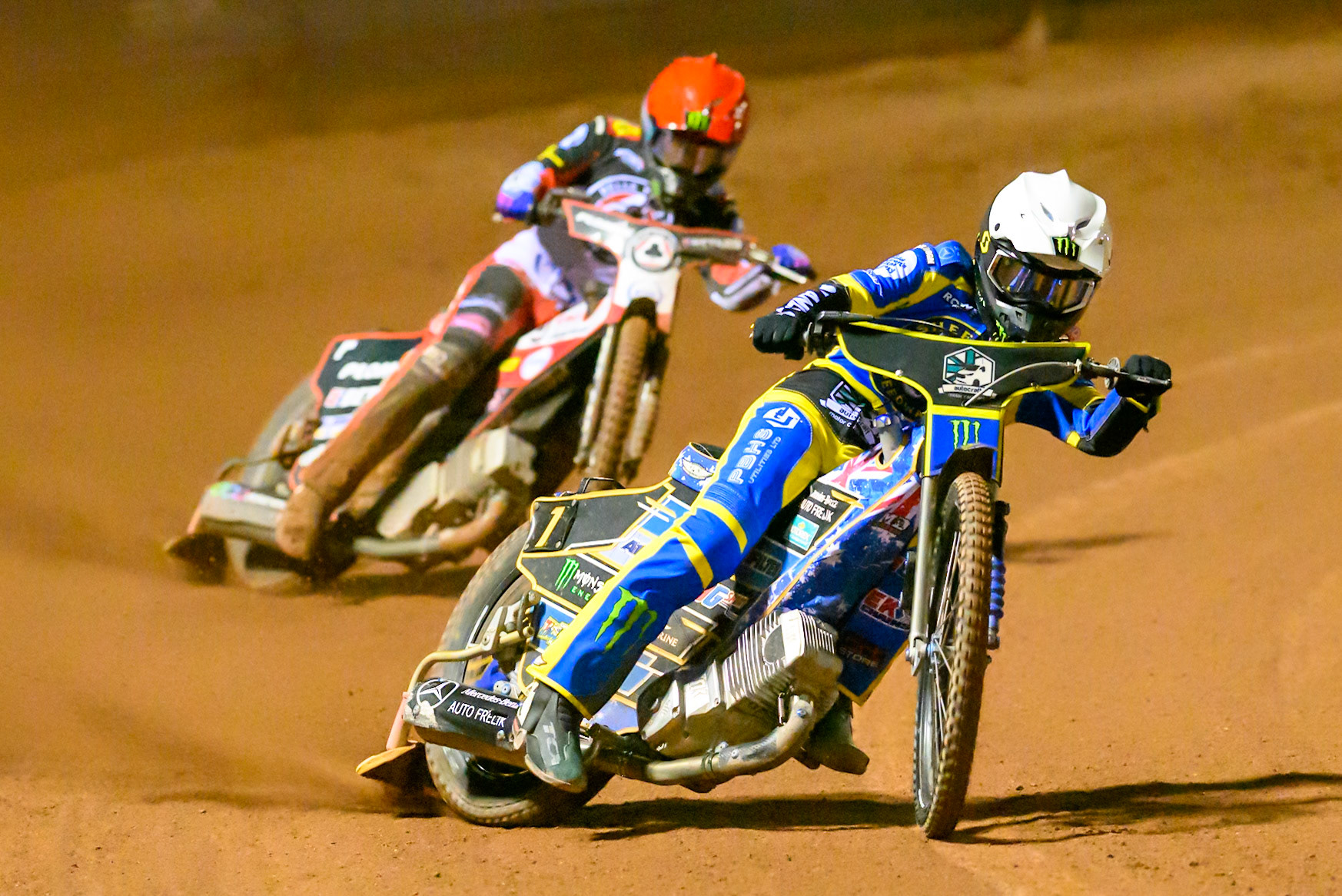 Jack Holder of Sheffield Tigers  in White leading Dan Bewley of Belle Vue Aces   in Red during the Knockout Cup, Northern Section match between Belle Vue Aces and Sheffield Tigers at the National Speedway Stadium, Manchester on Monday 30th March 2026. (Photo: Ian Charles | MI News)