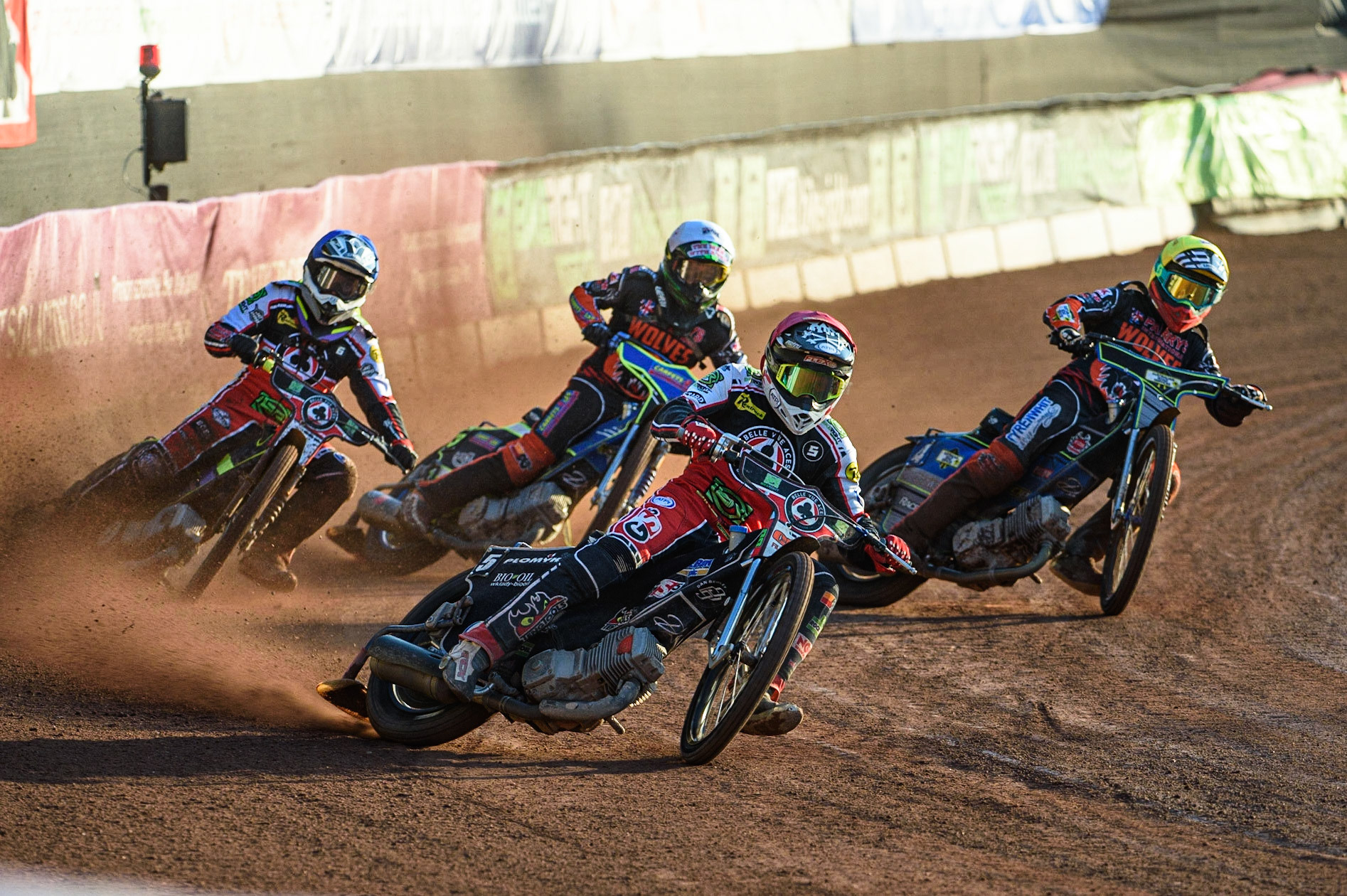 MANCHESTER, UK. JULY 15TH   Dan Bewley (Red) leads Tom Brennan  (Blue), Nick Morris  (White) and Ryan Douglas  (Yellow) during the SGB Premiership match between Belle Vue Aces and Wolverhampton Wolves at the National Speedway Stadium, Manchester on Thursday 15th July 2021. (Credit: Ian Charles | MI News)