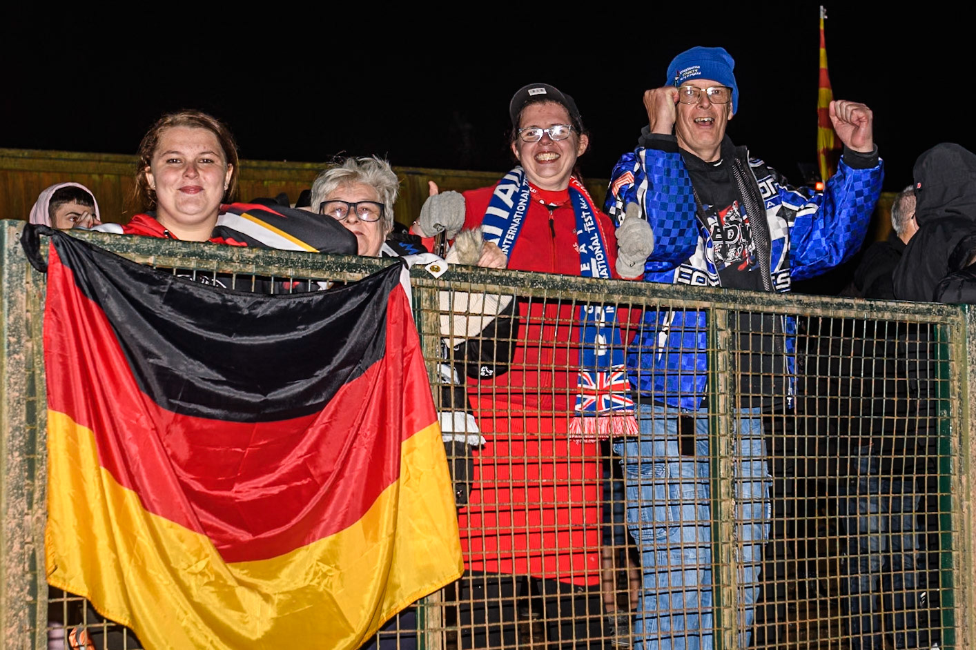 Belle Vue ATPI Aces fans celebrating during the Rowe Motor Oil Premiership Grand Final 2nd Leg between Leicester Lions and Belle Vue Aces at the Pidcock Motorcycles Arena, Leicester on Thursday 26th September 2024. (Photo: Ian Charles | MI News)