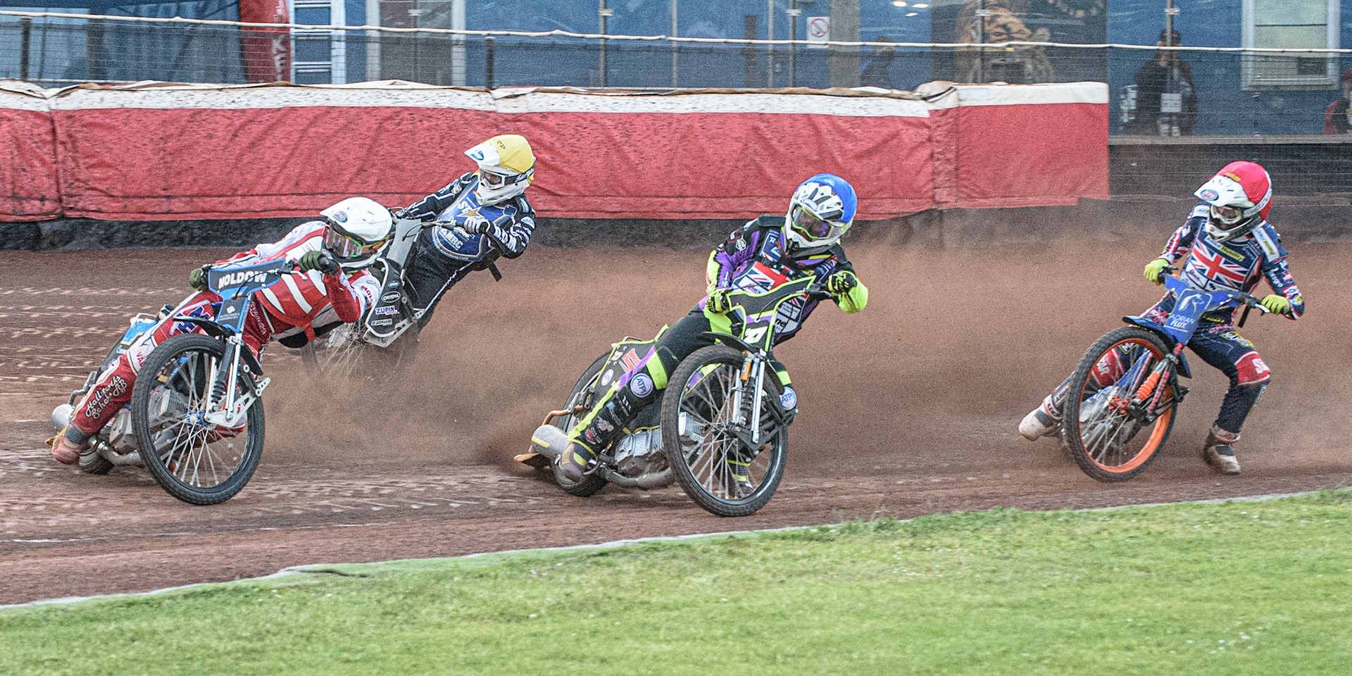 GLASGOW, UK. JUNE 19TH.  Rasmus Jensen (Denmark) (White) leadsTom Brennan (Reserve) (Great Britain) (Blue) Erik Riss (Germany) (Yellow) and Lewis Kerr (Great Britain) (Red) during the FIM Speedway Grand Prix Qualifying Round at the Peugeot Ashfield Stadium, Glasgow on Saturday 19th June 2021. (Credit: Ian Charles | MI News)
