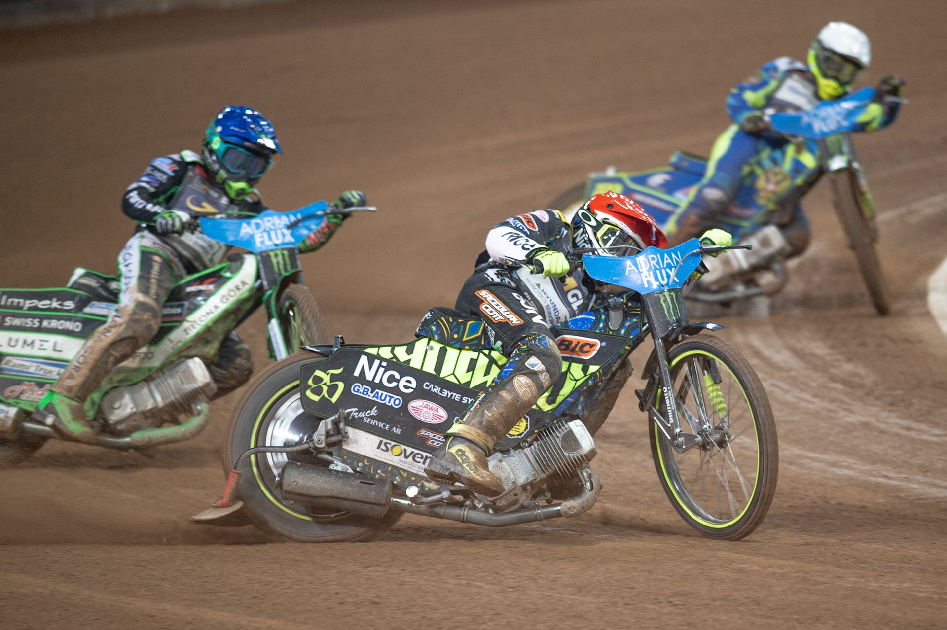CARDIFF,WALES Antonio Lindback (Red) leads Patryk Dudek (Blue) and Artem Laguta (White) during the ADRIAN FLUX BRITISH FIM SPEEDWAY GRAND PRIX at the Principality Stadium, Cardiff on Saturday 21st September 2019. (Credit: Ian Charles | MI News)