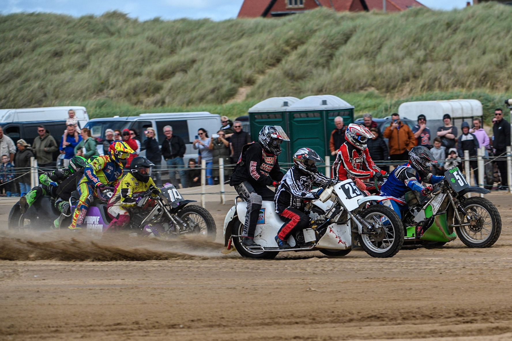 Colin Blackbourn &amp; Carl Pugh (25) and Rick McCauley &amp; Stephen Russell (51)  battle for the lead during the Fylde ACU British Sand Racing Masters Championship at  St Annes on Sea, Lancashire on Sunday 30th July 2023. (Photo: Ian Charles | MI News)