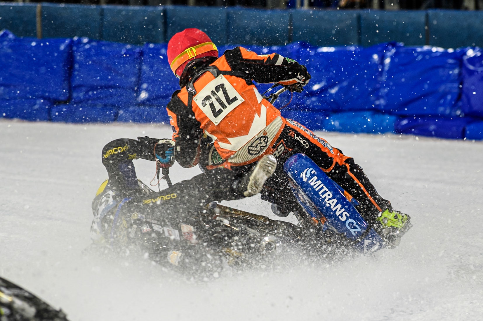 Martin Haarahiltunen (199) of Sweden loses control of his bike during the FIM Ice Speedway Gladiators World Championship, Final 3 at the Ice Stadium, Thialf, Heerenveen on Saturday 5th April 2025. (Photo: Ian Charles | MI News)