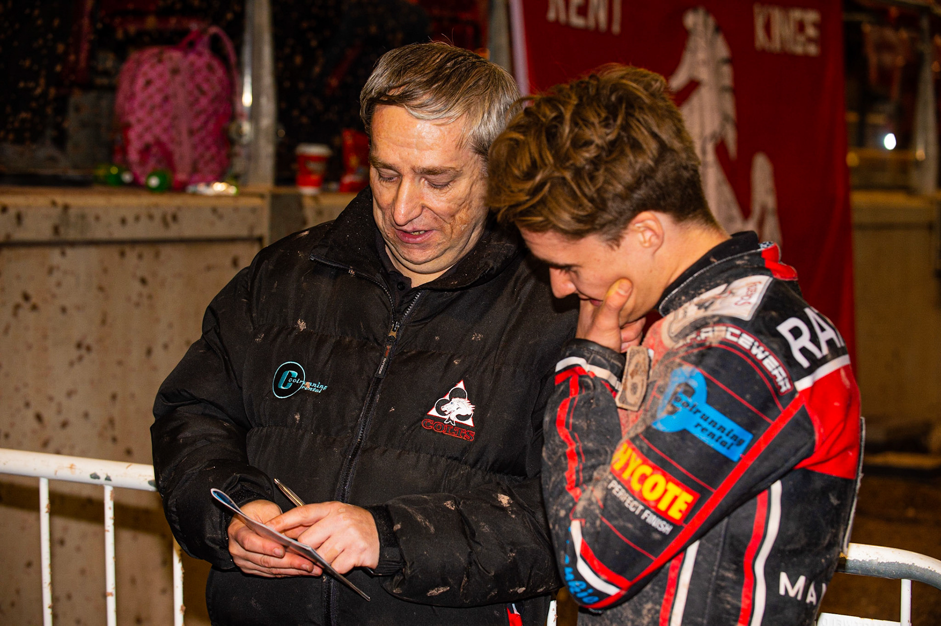 Photo: Ian Charles

Belle Vue Colts  manager Graham Goodwin (left) with Ben Rathbone 

Belle Vue Colts v Kent Kings, SGB National League Play Offs, Semi Final 1st Leg, Belle Vue National Speedway Stadium, Manchester, Friday 4  October  2019