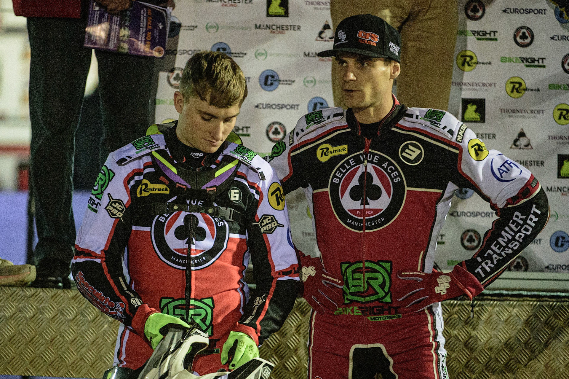 PETERBOROUGH, UK. OCT 14TH Tom Brennan  (left) and Steve Worrall   during the SGB Premiership Grand Final 2nd leg between Peterborough and Belle Vue Aces at East of England Showground, Peterborough on Thursday 14th October 2021. (Credit: Ian Charles | MI News)