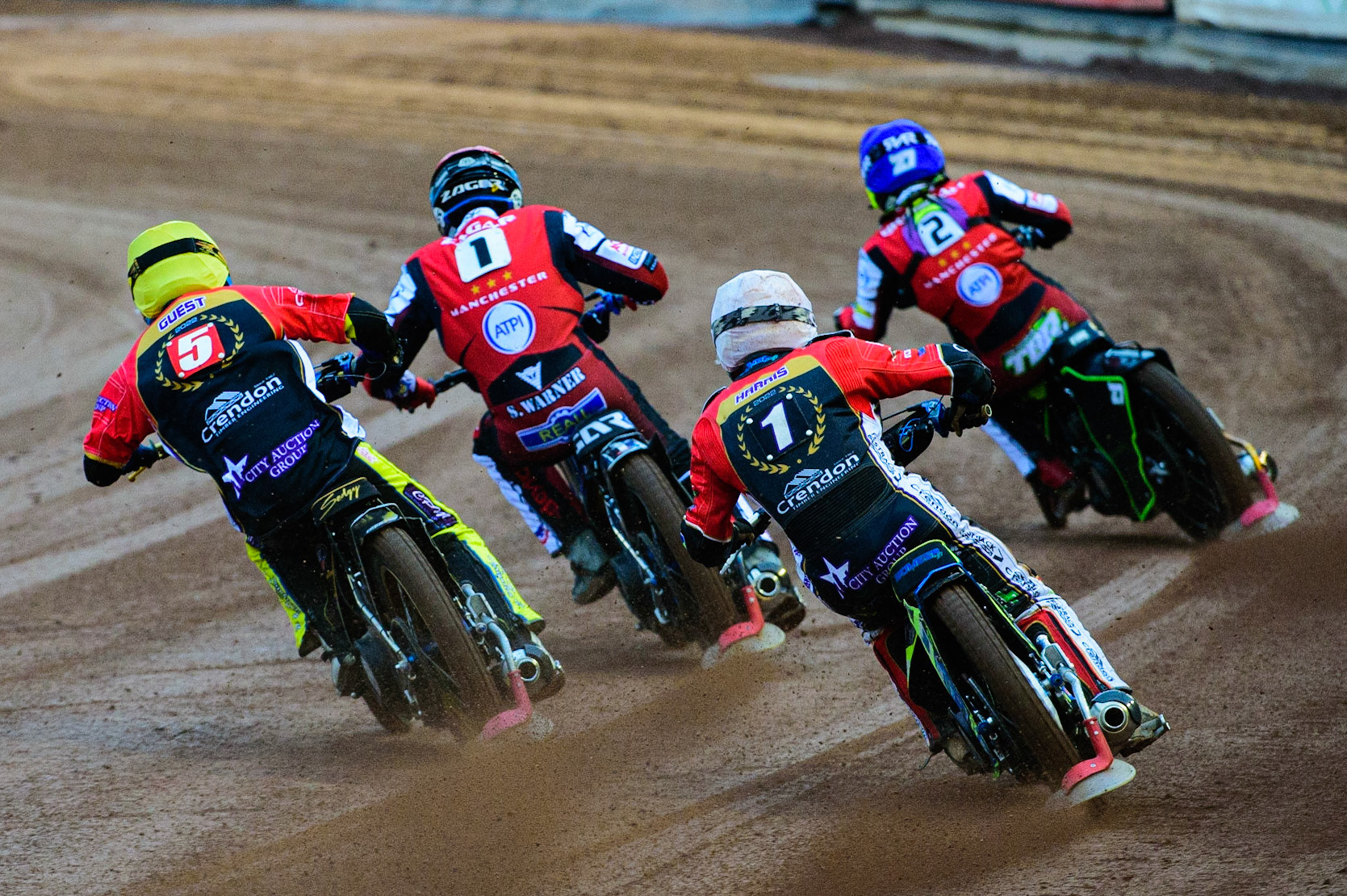 Chris Harris  (White) and Justin Sedgmen  (Yellow) chase Matej Zagar (Red) and Tom Brennan (Blue) during the SGB Premiership match between Belle Vue Aces and Peterborough at the National Speedway Stadium, Manchester on Monday 25th July 2022. (Credit: Ian Charles | MI News