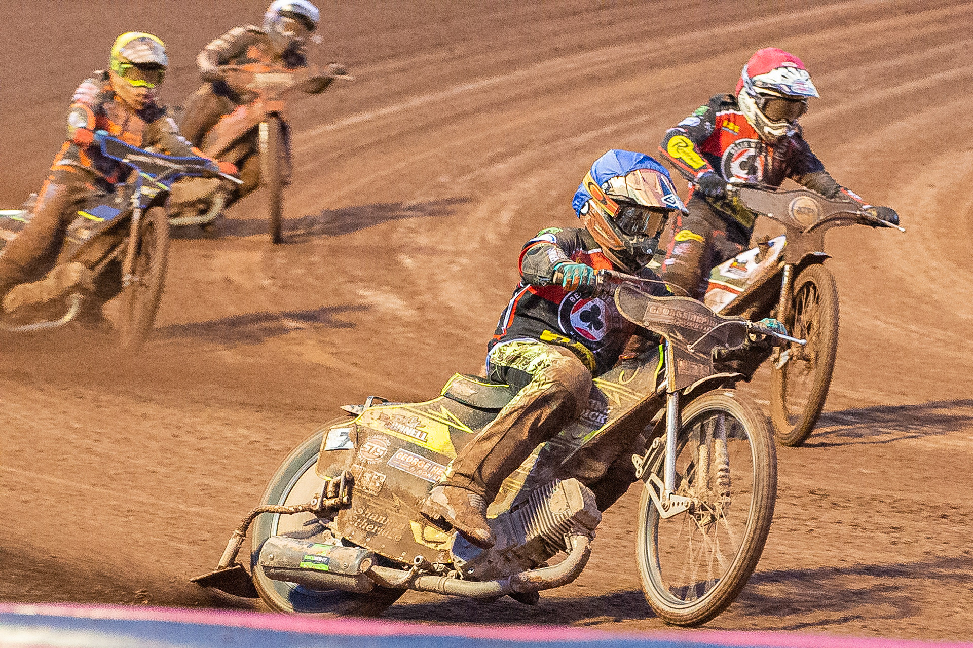 Photo by Ian Charles:

Jye Etheridge (Blue) and Steve Worrall (Red) lead Ryan Douglas  (Yellow) and Luke Becker  (White)

Belle Vue Aces v Wolverhampton Wolves, SGB Premiership, National Speedway Stadium, Manchester, Monday, 19, August, 2019
