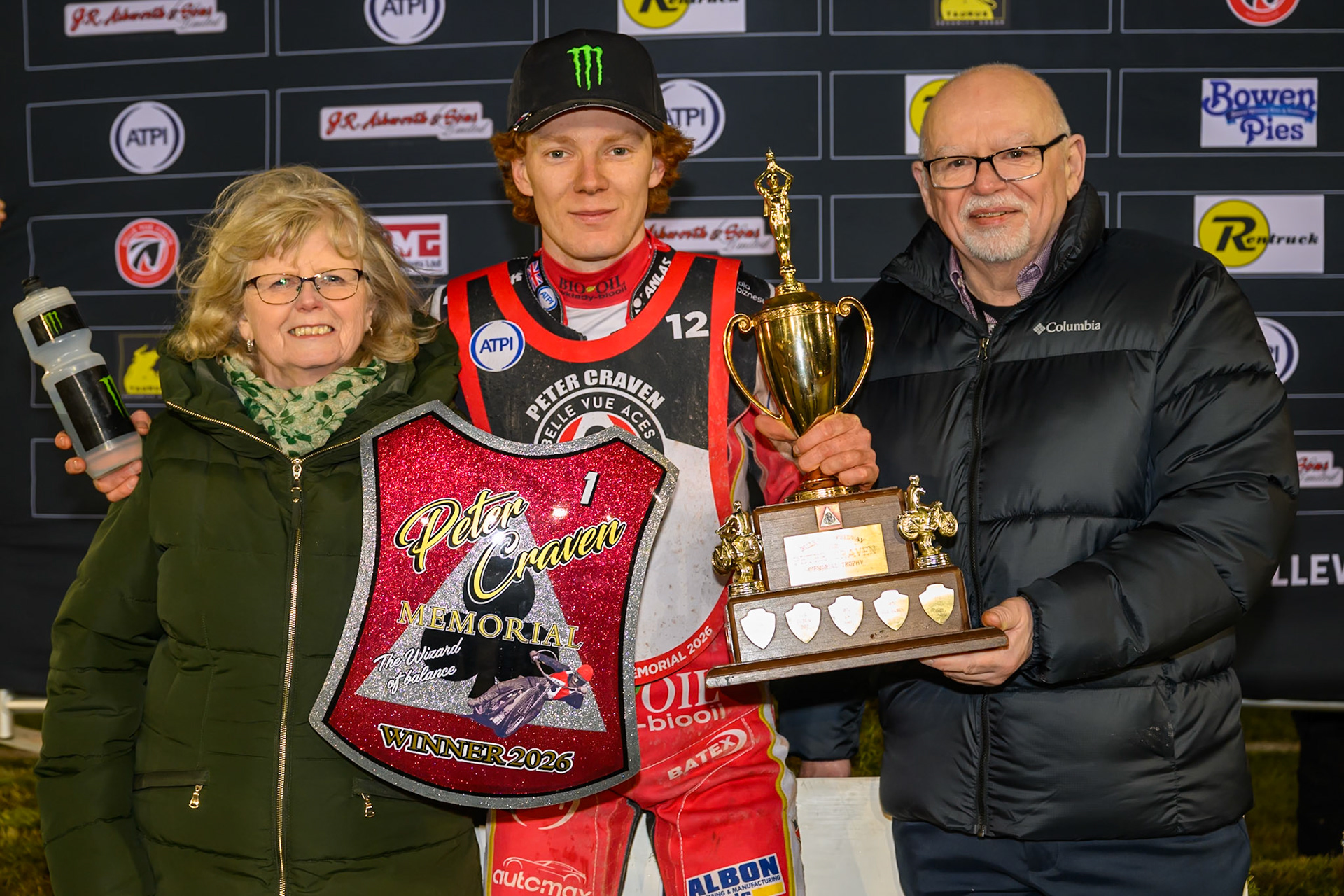 Dan Bewley (Centre) with Julie and Rob Craven during the Peter Craven Memorial Trophy at the National Speedway Stadium, Manchester, on Monday 16th March 2026. (Photo: Ian Charles | MI News)