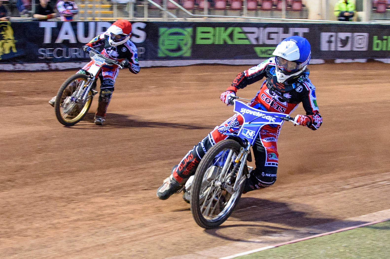 MANCHESTER, UK. MAY 28TH  Harry McGurk  leads Paul Bowen  (Red) during the SGB National Development League match between Belle Vue Colts and Berwick Bullets at the National Speedway Stadium, Manchester on Friday 28th May 2021. (Credit: Ian Charles | MI News)