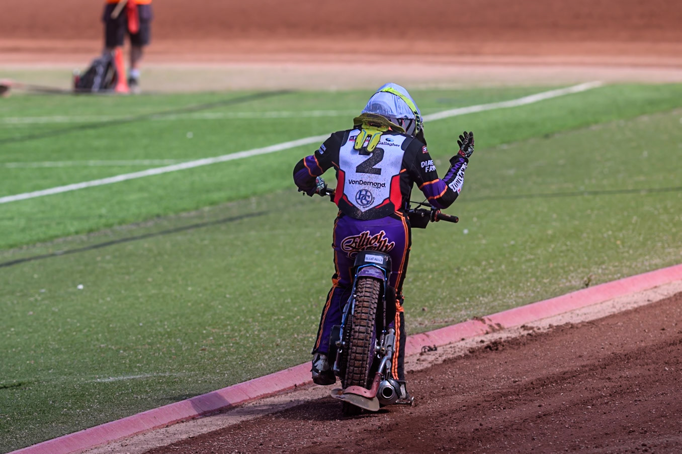 Elliot Kelly of Middlesborough Tigers  pulls up with machine trouble during the WSRA National Development League match between Belle Vue Colts and Middlesbrough Tigers at the National Speedway Stadium, Manchester on Sunday 10th August 2025. (Photo: Mark Fletcher | MI News)